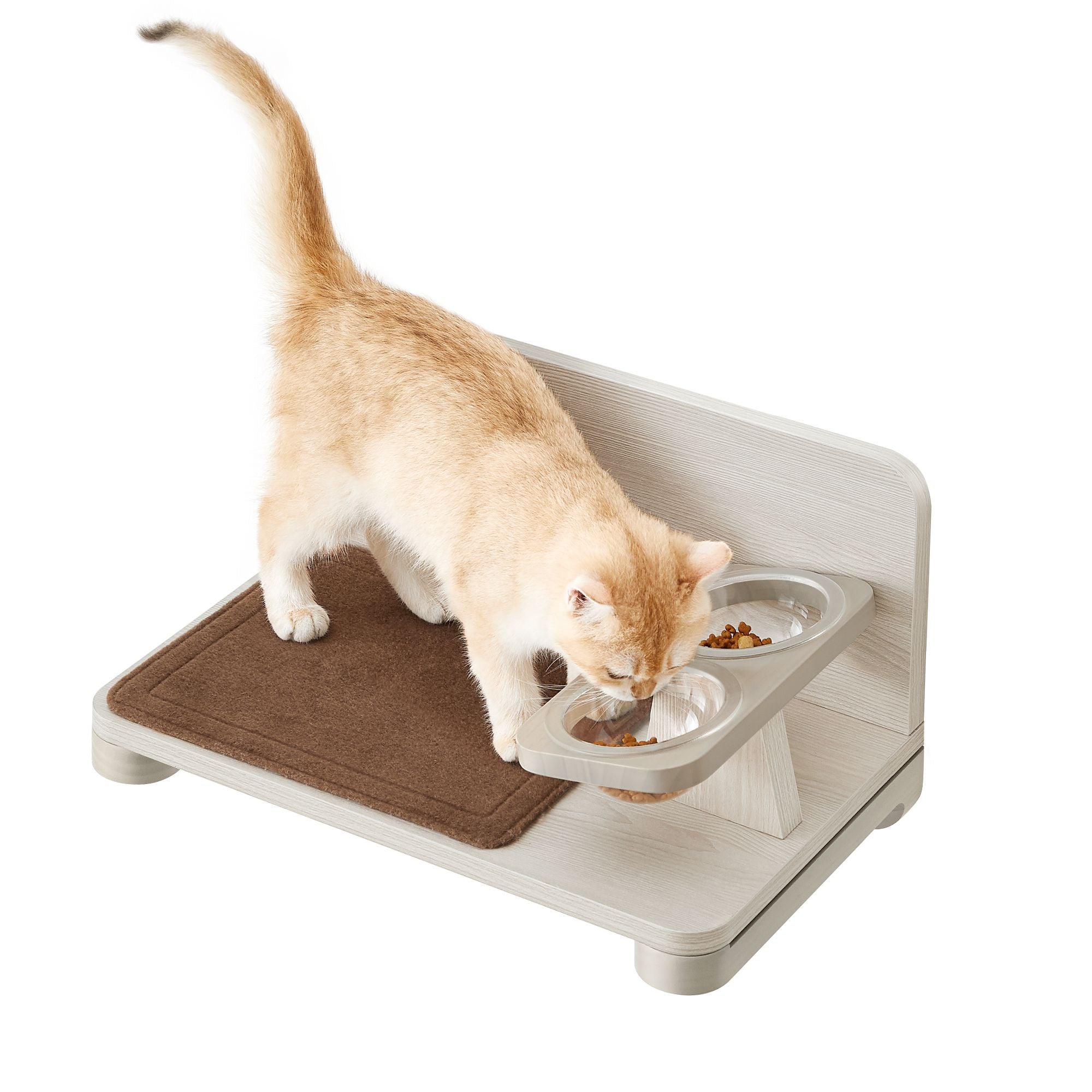 Wall-Mounted Cat Food Station - Wood - Natural Finish - Elevated Bowls Design