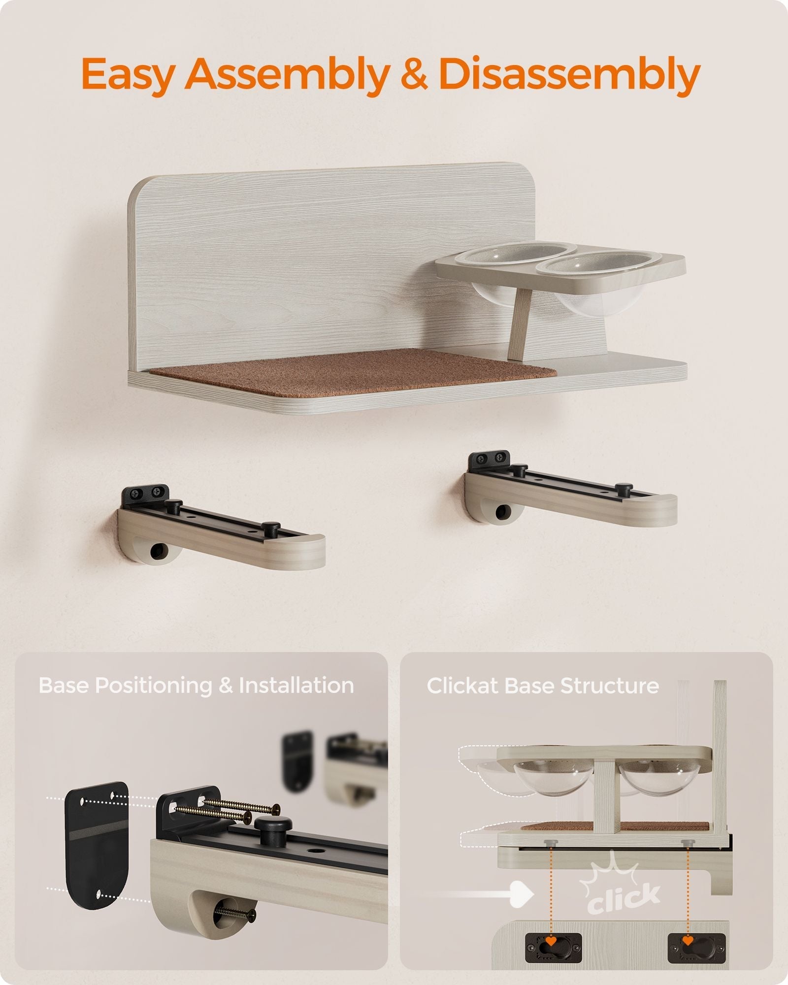 Wall-Mounted Cat Food Station - Wood - Natural Finish - Elevated Bowls Design