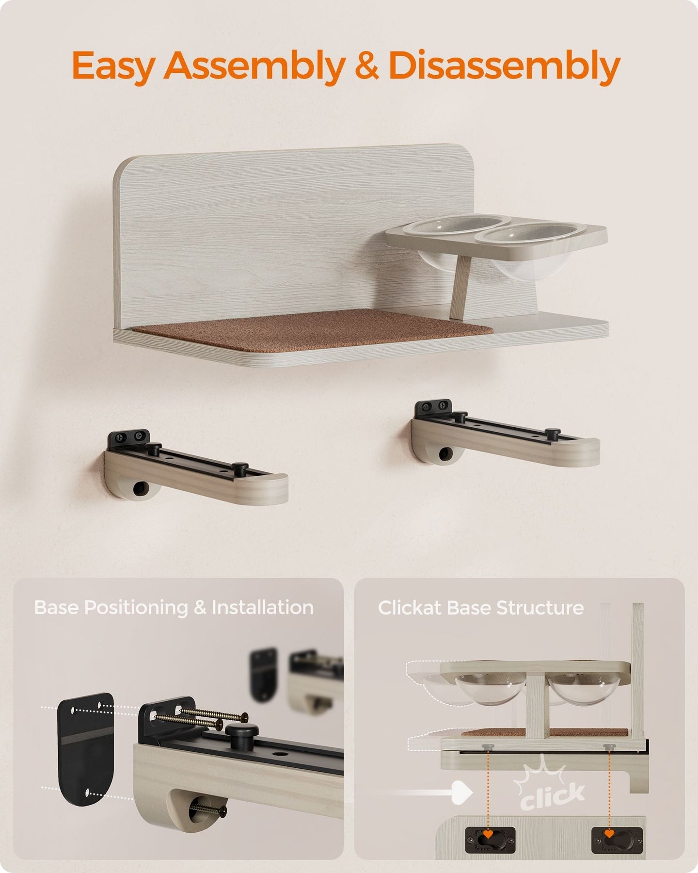 Wall-Mounted Cat Food Station - Wood - Natural Finish - Elevated Bowls Design