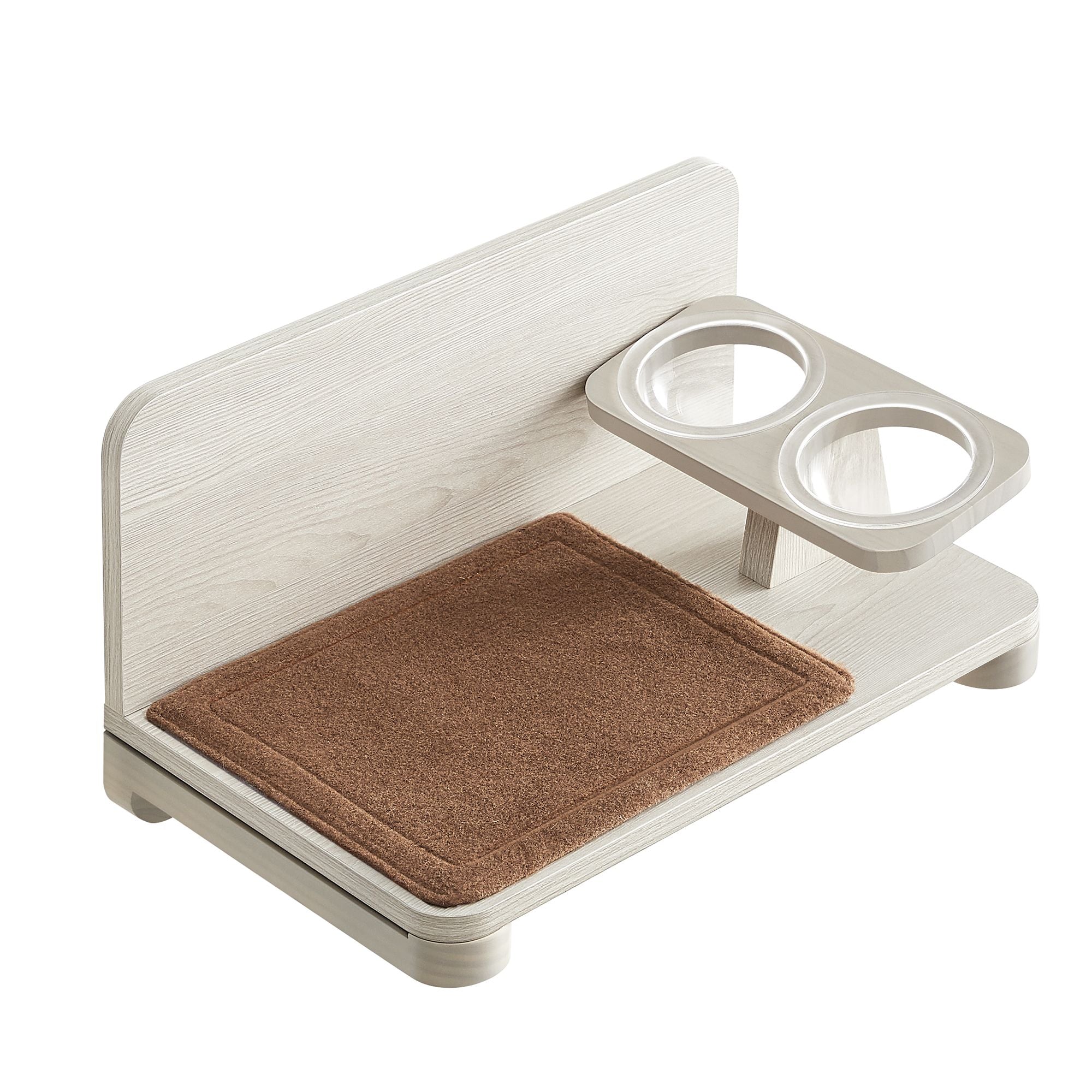Wall-Mounted Cat Food Station - Wood - Natural Finish - Elevated Bowls Design