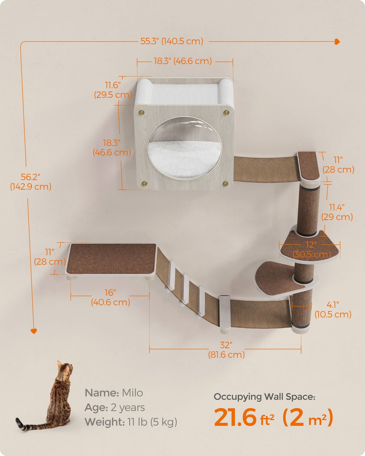 Cat Wall Furniture Set - Includes 5 Pieces - Engineered Wood - Natural Finish