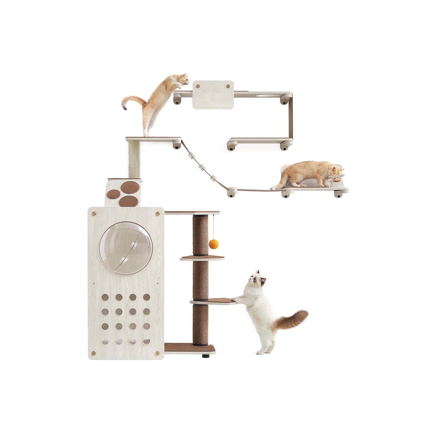Cat Wall Furniture Set - Includes 7 Pieces - Wood - Natural Finish