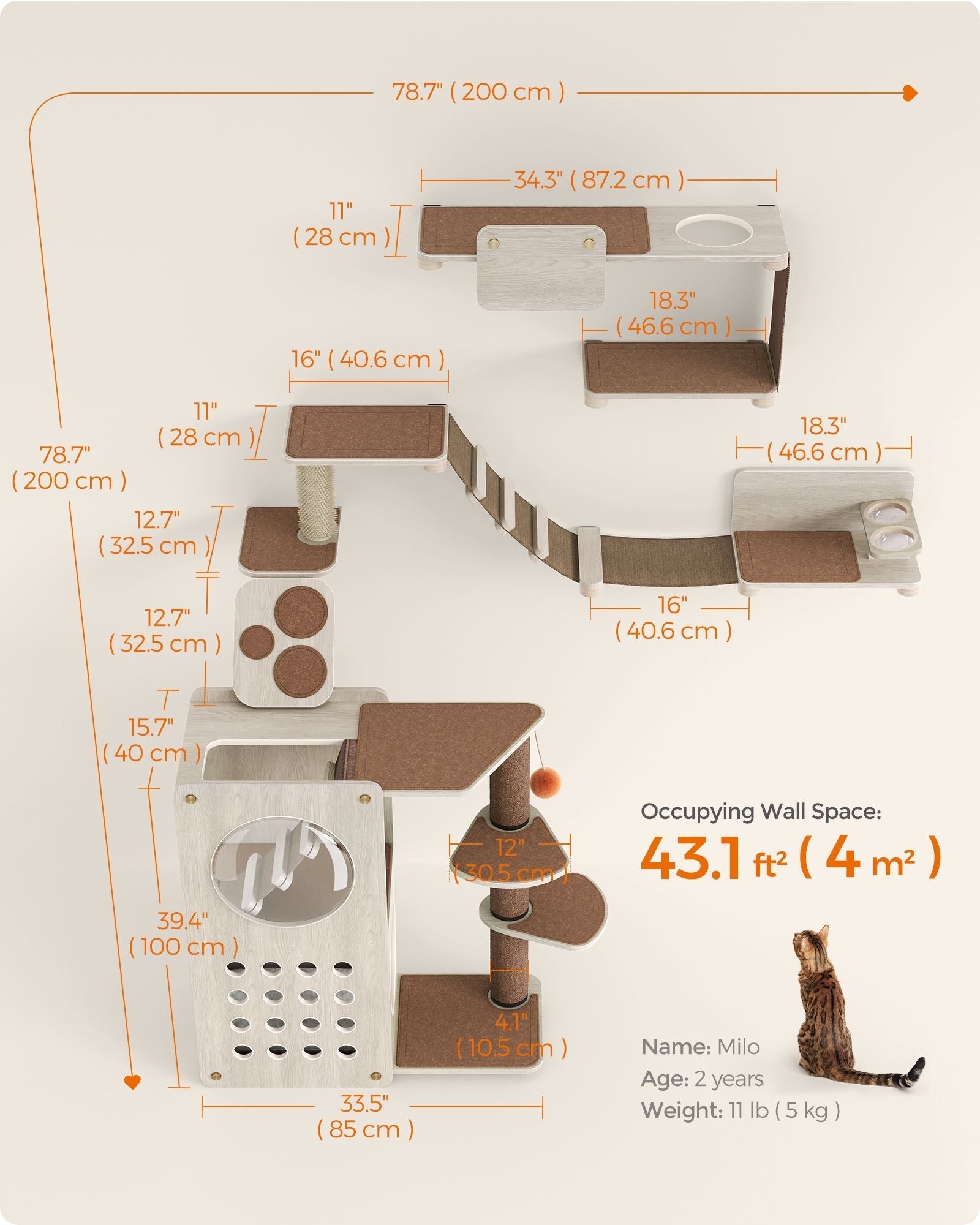 Cat Wall Furniture Set - Includes 7 Pieces - Wood - Natural Finish