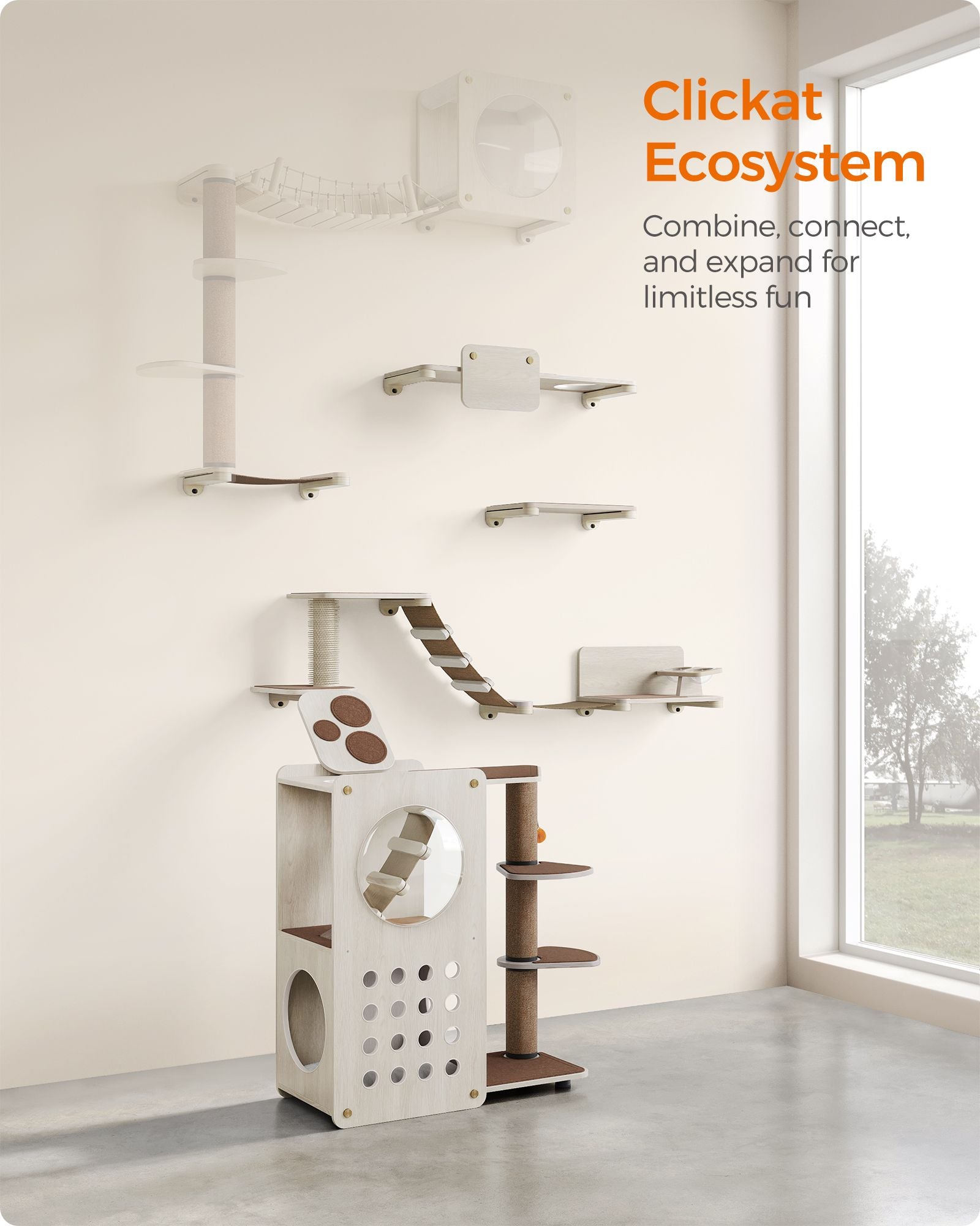 Cat Wall Furniture Set - Includes 7 Pieces - Wood - Natural Finish