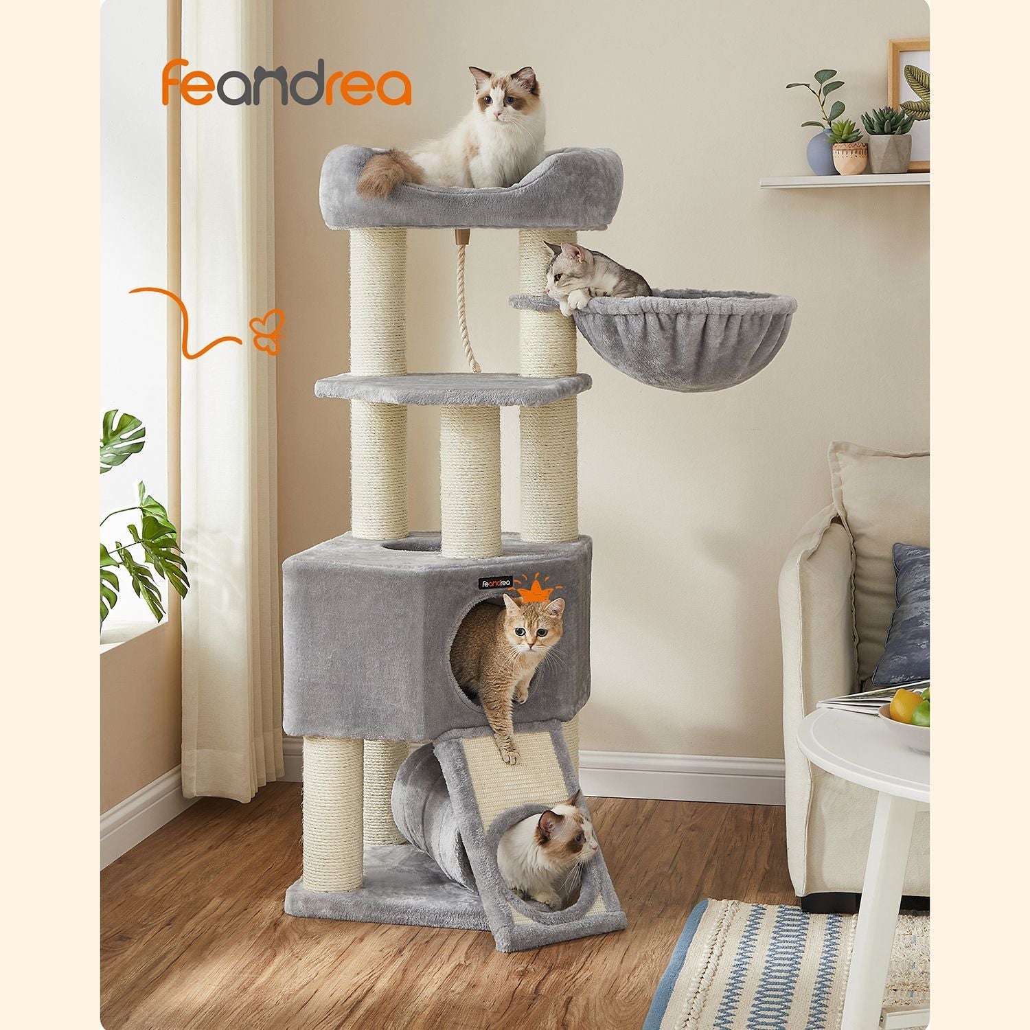 Cat Condo - PCT02W - Light Grey - Large Tower with Fluffy Plush Perch and Cuddle Cave