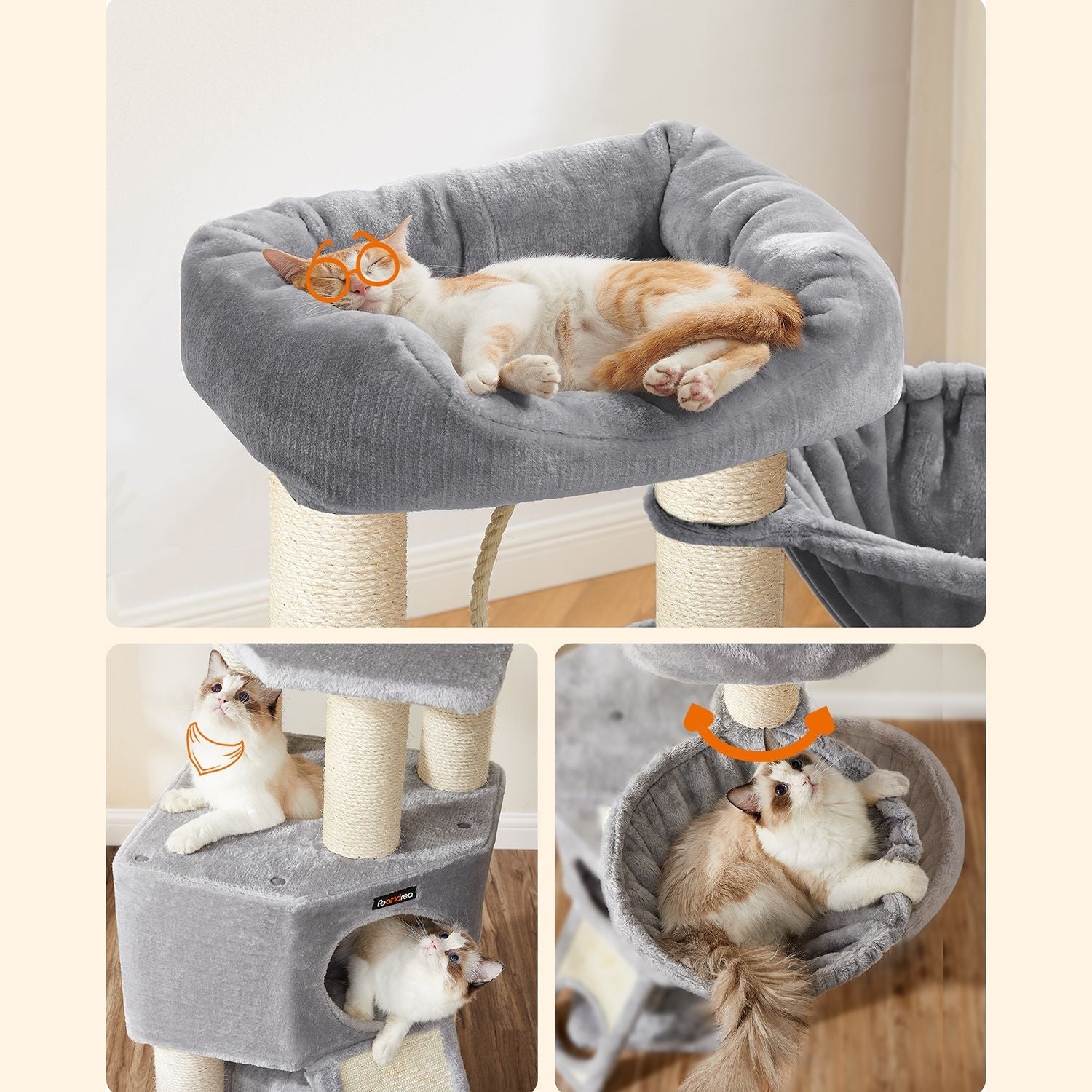 Cat Condo - PCT02W - Light Grey - Large Tower with Fluffy Plush Perch and Cuddle Cave