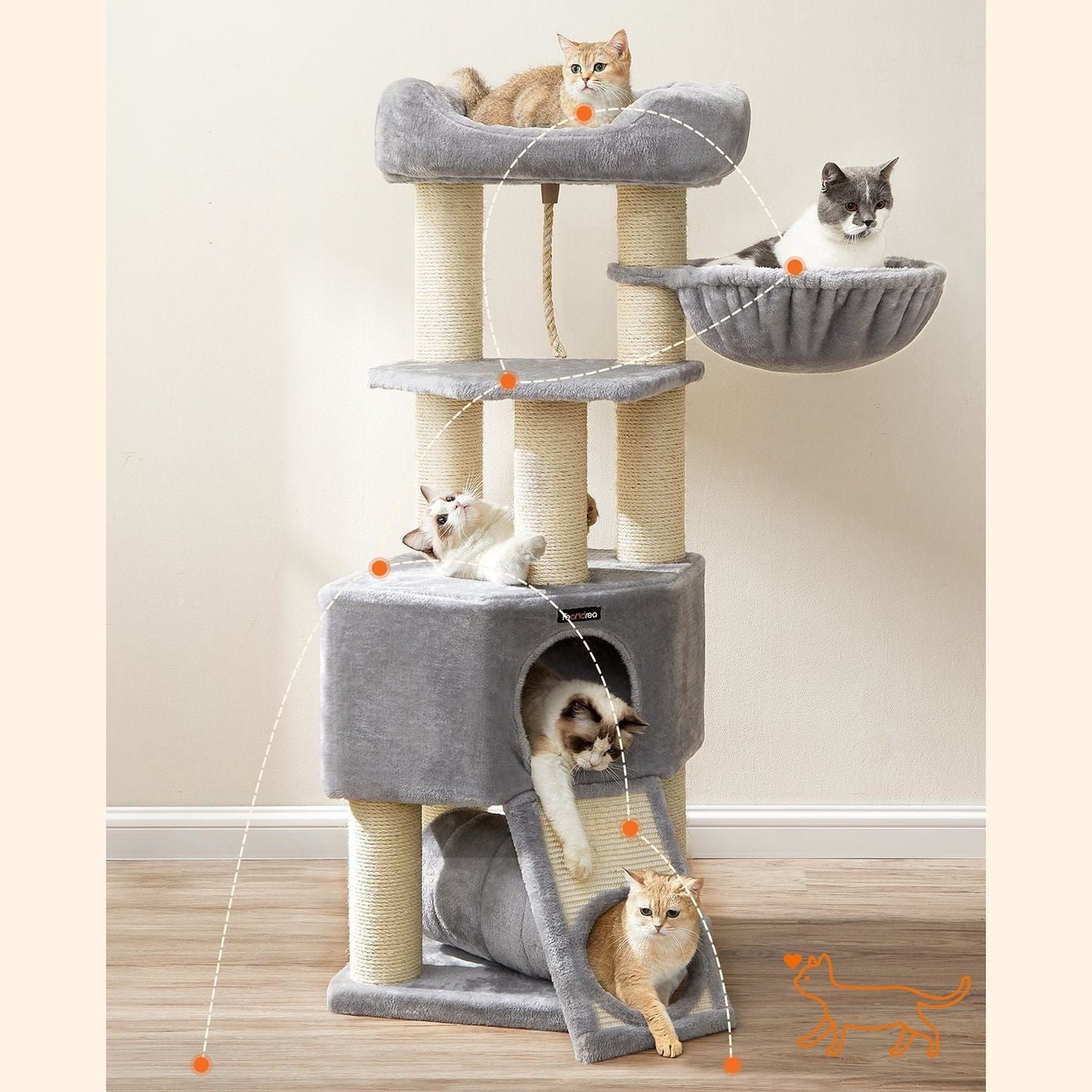 Cat Condo - PCT02W - Light Grey - Large Tower with Fluffy Plush Perch and Cuddle Cave