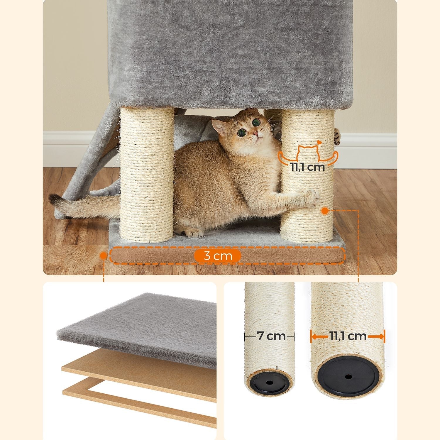 Cat Condo - PCT02W - Light Grey - Large Tower with Fluffy Plush Perch and Cuddle Cave