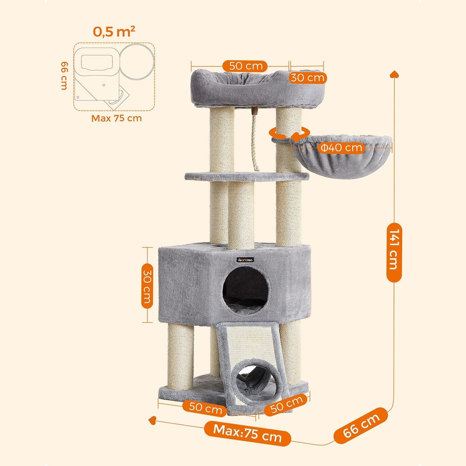 Cat Condo - PCT02W - Light Grey - Large Tower with Fluffy Plush Perch and Cuddle Cave