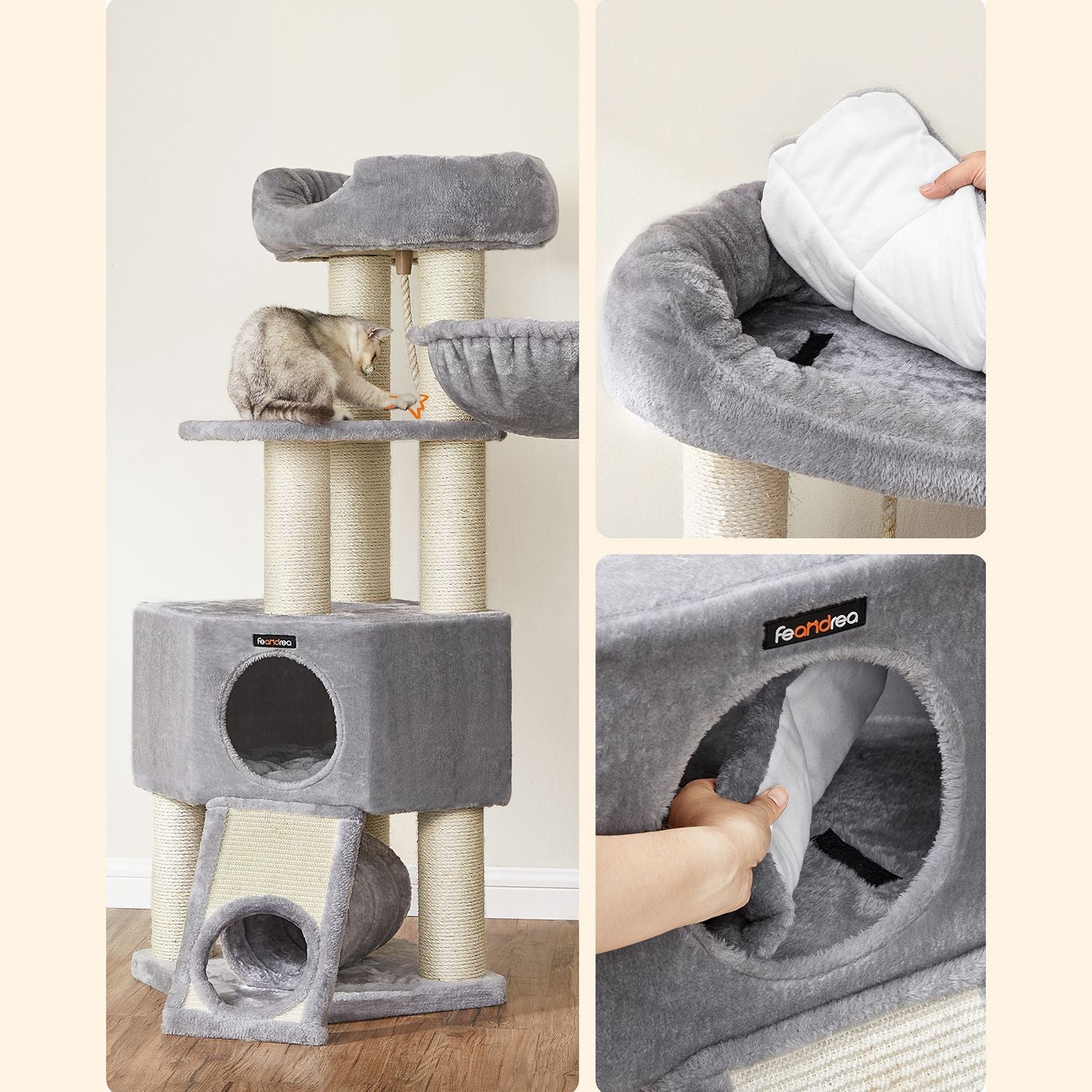 Cat Condo - PCT02W - Light Grey - Large Tower with Fluffy Plush Perch and Cuddle Cave