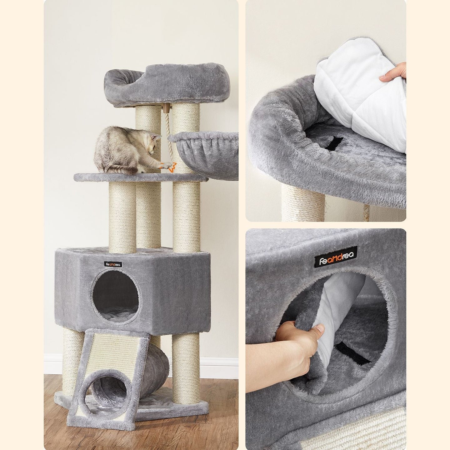 Cat Condo - PCT02W - Light Grey - Large Tower with Fluffy Plush Perch and Cuddle Cave