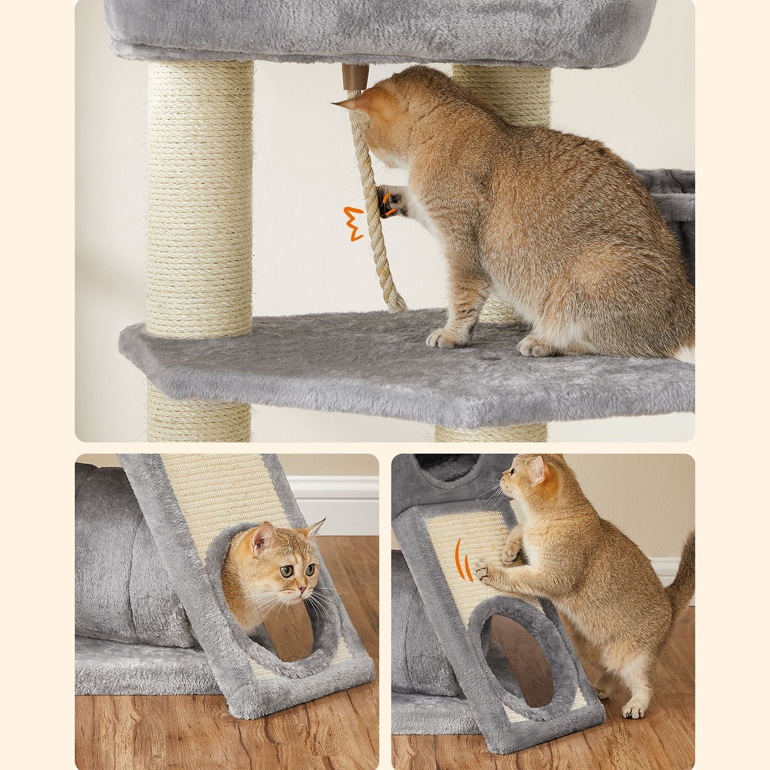 Cat Condo - PCT02W - Light Grey - Large Tower with Fluffy Plush Perch and Cuddle Cave