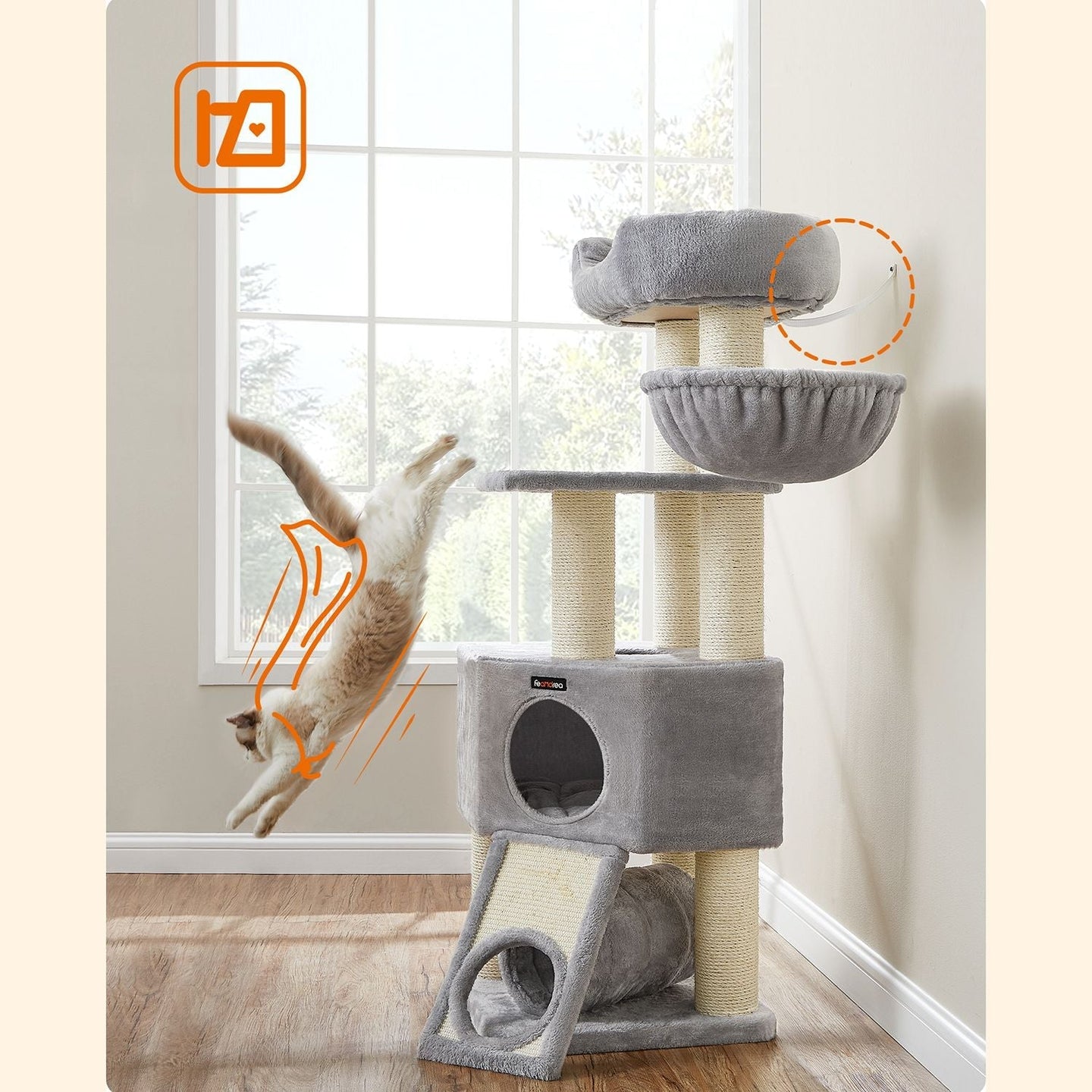 Cat Condo - PCT02W - Light Grey - Large Tower with Fluffy Plush Perch and Cuddle Cave