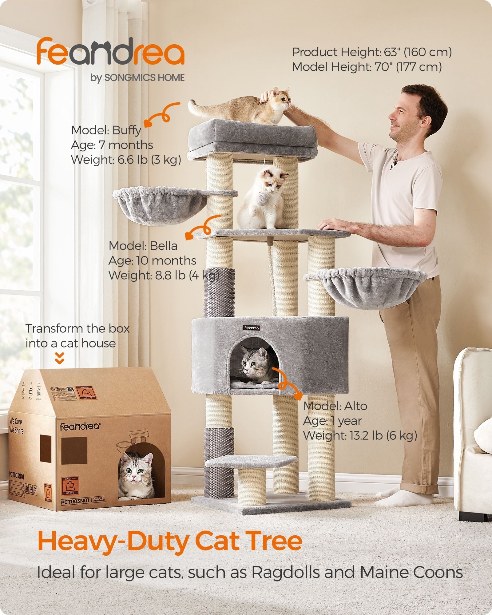 Heavy-Duty Cat Tower - Engineered Wood - Gray - 9 Scratching Posts