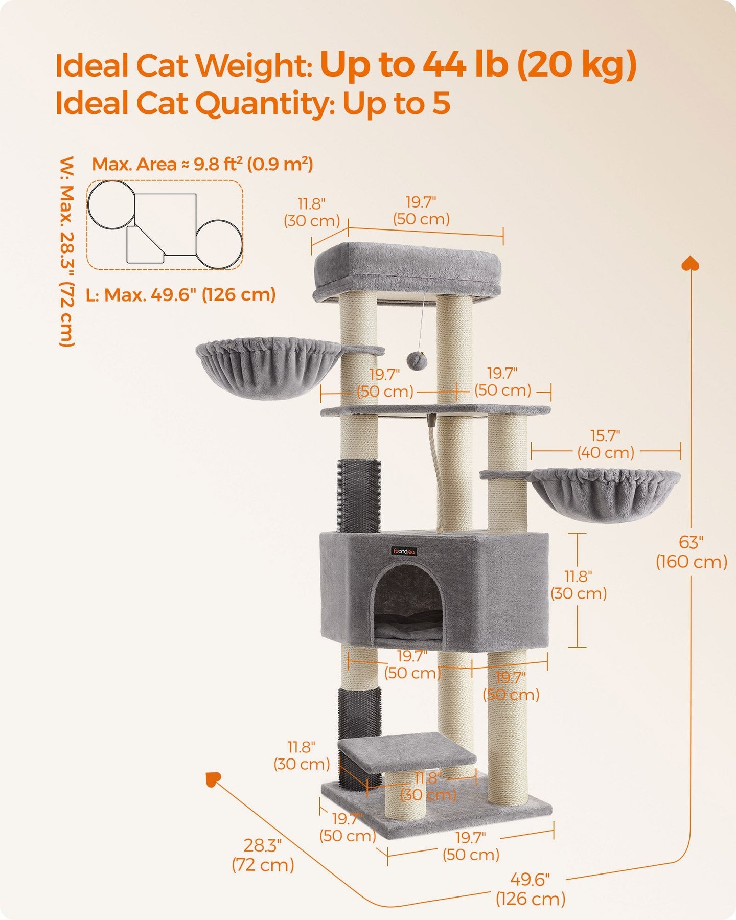 Heavy-Duty Cat Tower - Engineered Wood - Gray - 9 Scratching Posts