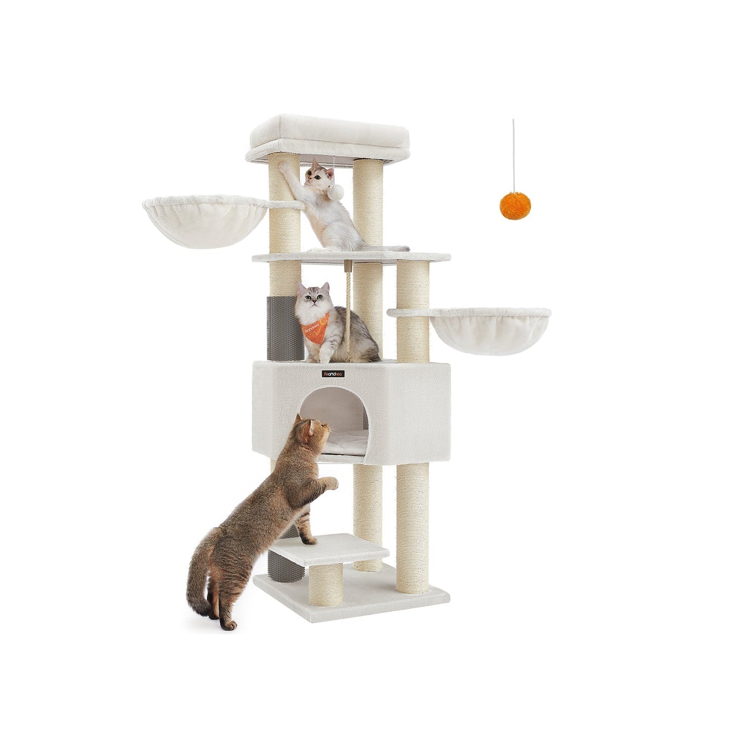 Cat Tree - Heavy-Duty Wood - Cream White and Beige - Large Perch with Self-Warming Pads and Multiple Scratching Posts