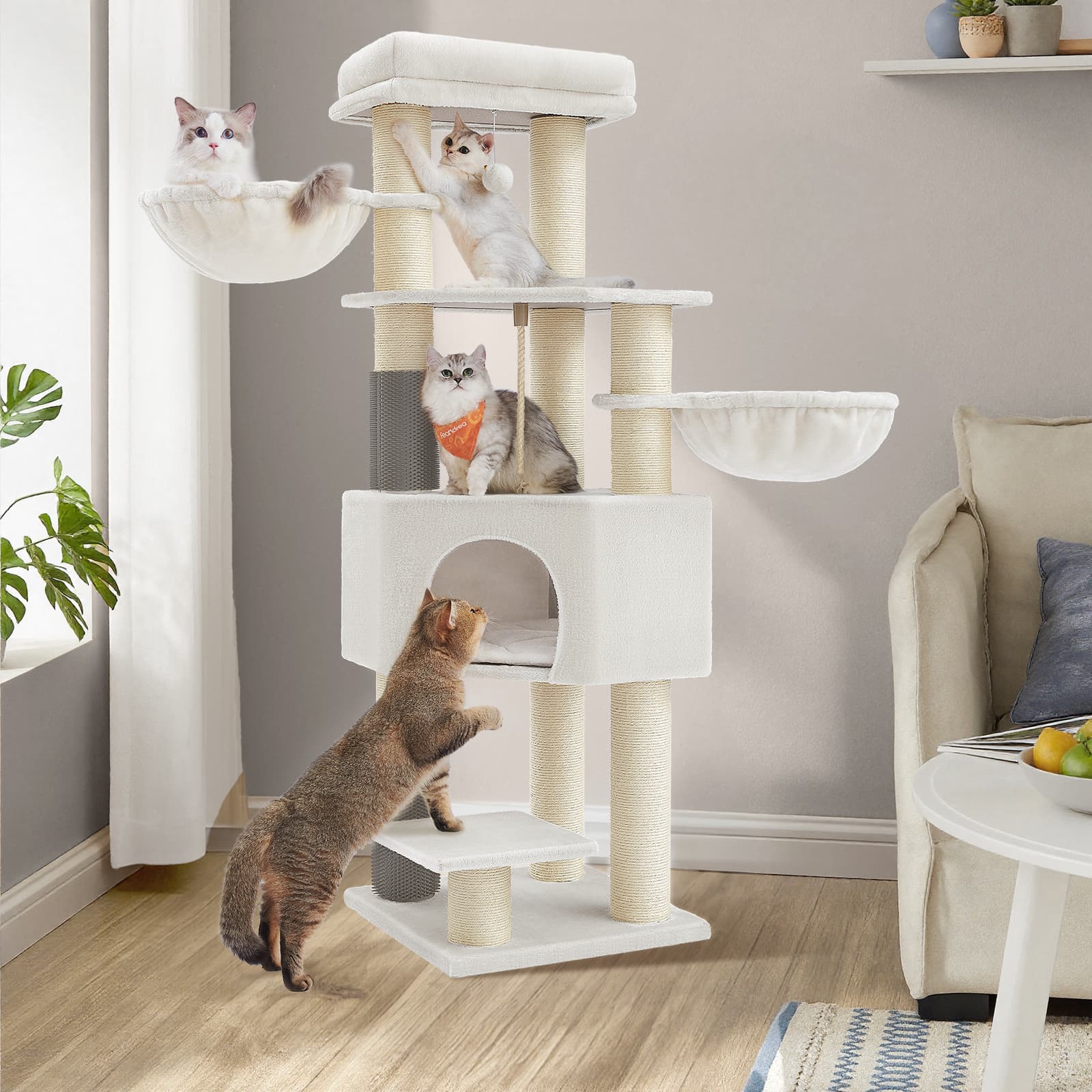 Cat Condo - Heavy-Duty Fabric - Dove Grey and Beige - Features Self-Warming Pads and 9 Scratching Posts