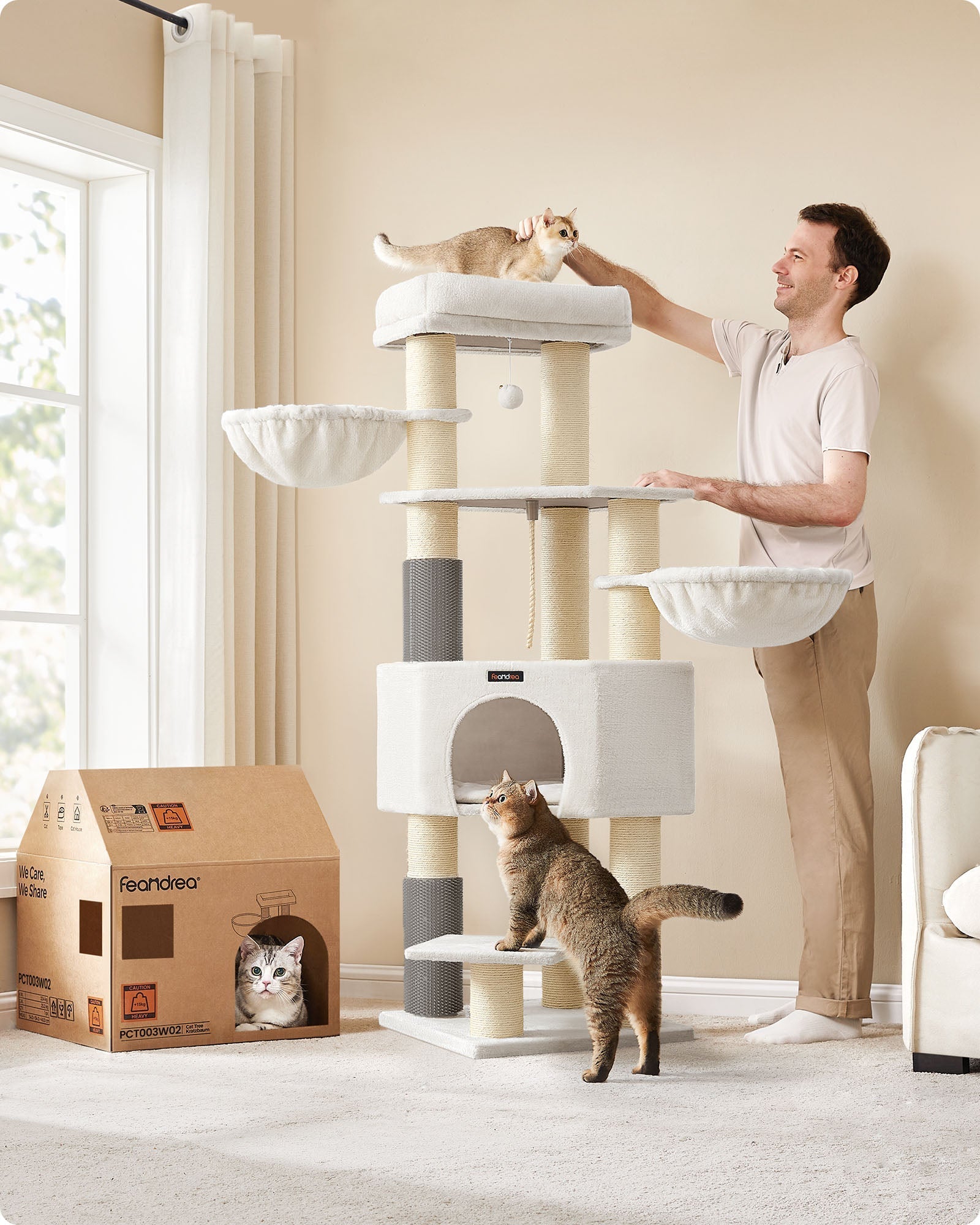 Cat Tree - Heavy-Duty Wood - Cream White and Beige - Large Perch with Self-Warming Pads and Multiple Scratching Posts