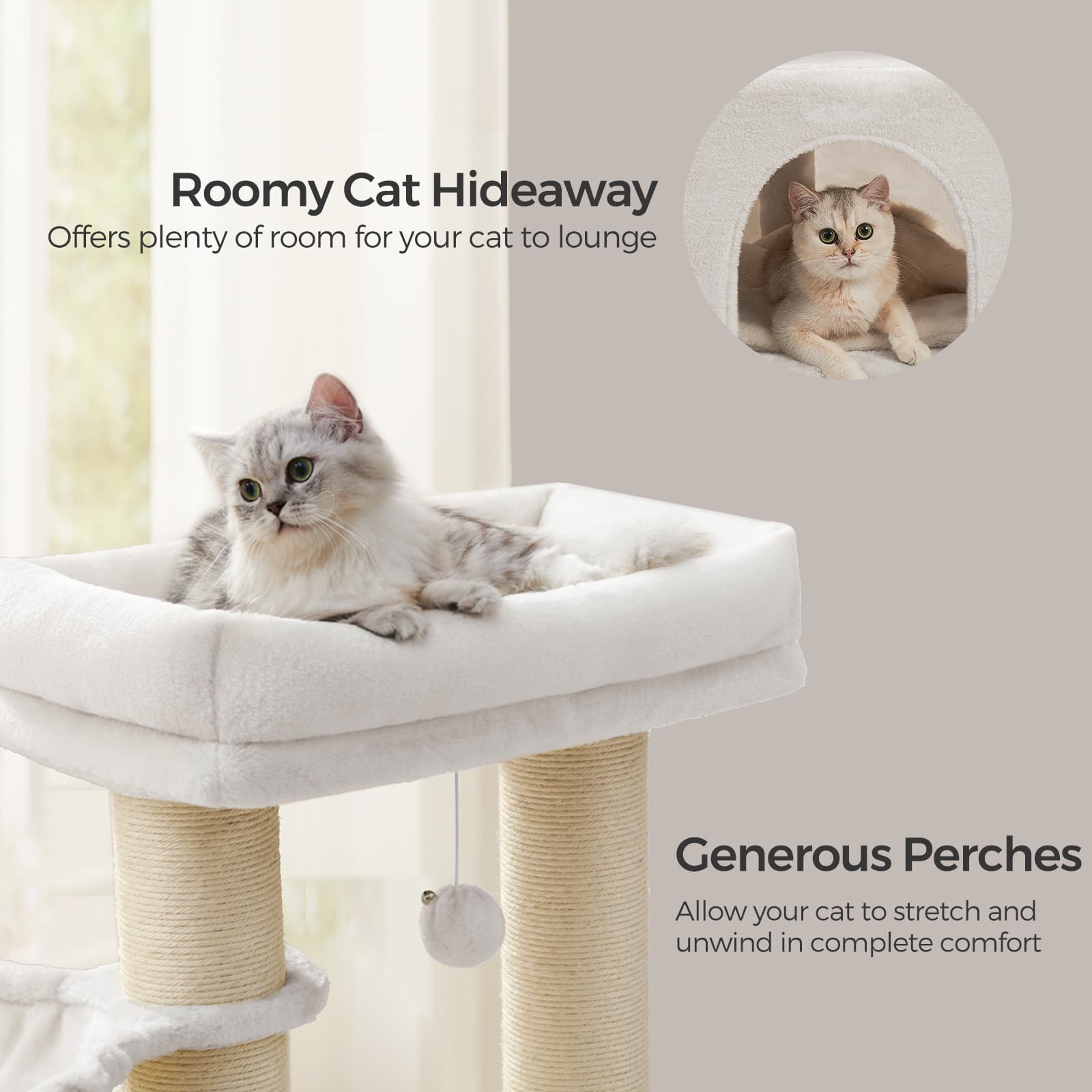 Cat Condo - Heavy-Duty Fabric - Dove Grey and Beige - Features Self-Warming Pads and 9 Scratching Posts