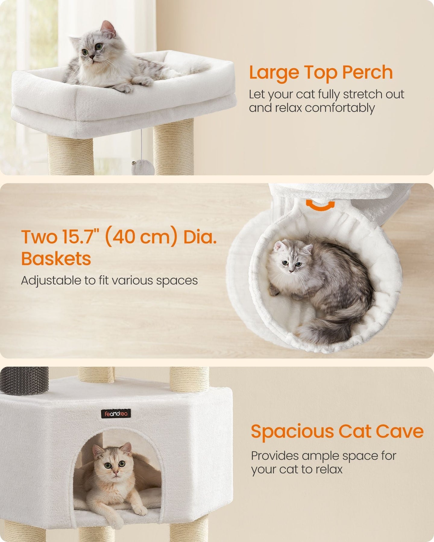 Cat Tree - Heavy-Duty Wood - Cream White and Beige - Large Perch with Self-Warming Pads and Multiple Scratching Posts