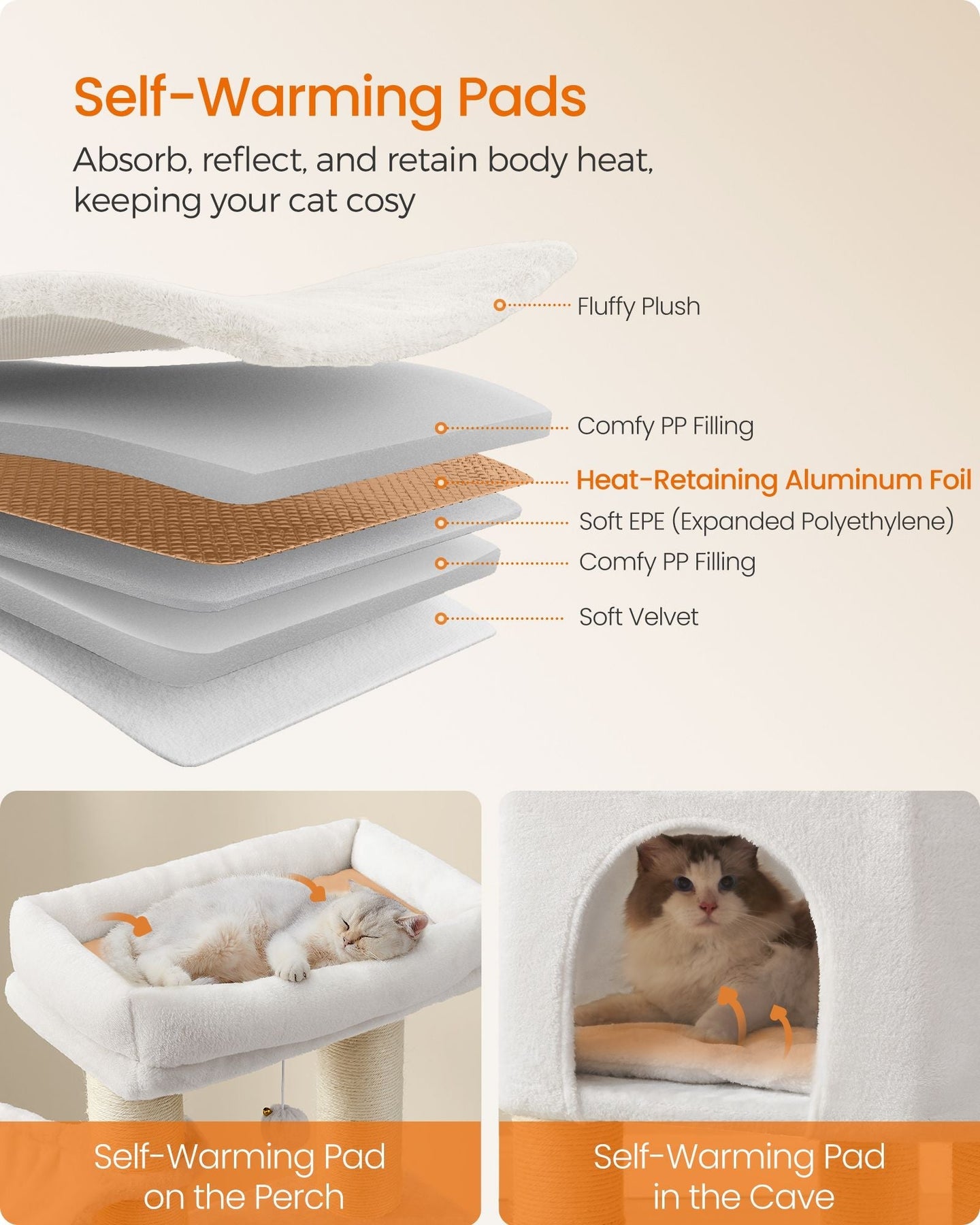 Cat Tree - Heavy-Duty Wood - Cream White and Beige - Large Perch with Self-Warming Pads and Multiple Scratching Posts