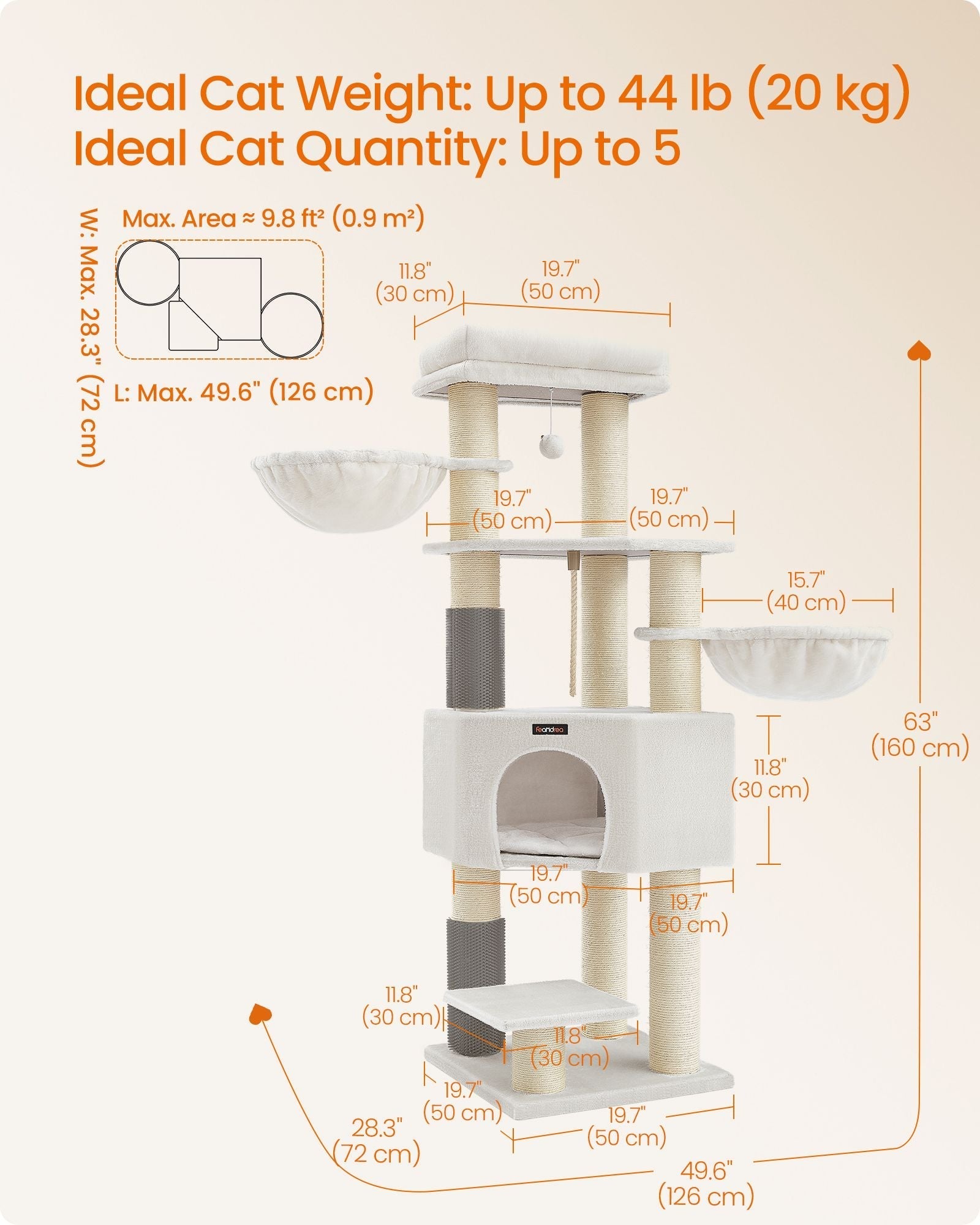 Cat Tree - Heavy-Duty Wood - Cream White and Beige - Large Perch with Self-Warming Pads and Multiple Scratching Posts