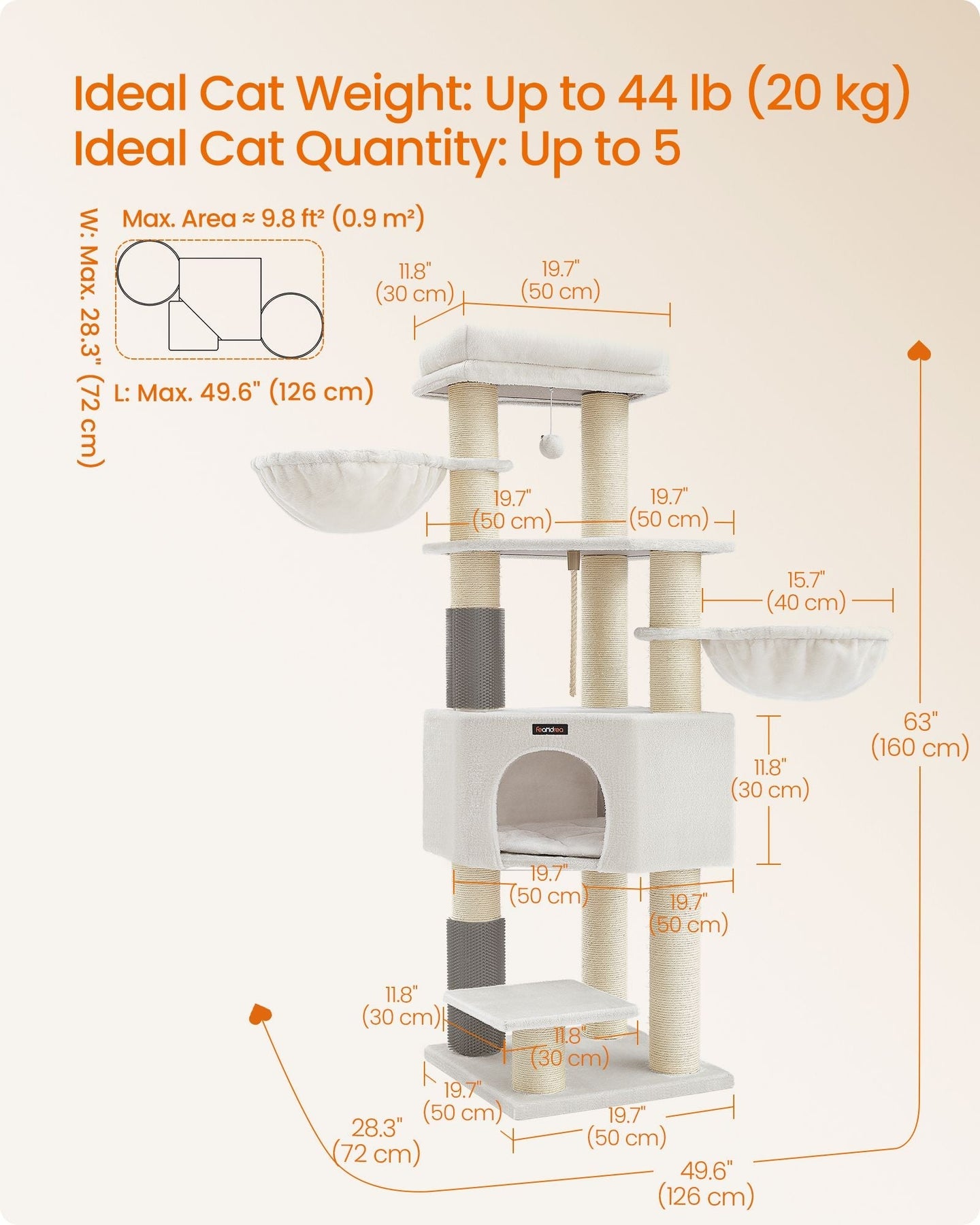 Cat Tree - Heavy-Duty Wood - Cream White and Beige - Large Perch with Self-Warming Pads and Multiple Scratching Posts