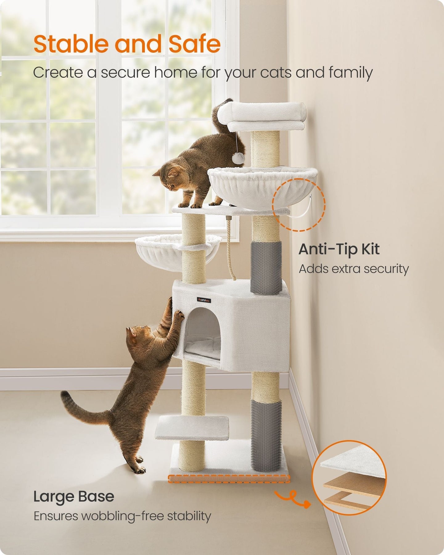 Cat Tree - Heavy-Duty Wood - Cream White and Beige - Large Perch with Self-Warming Pads and Multiple Scratching Posts