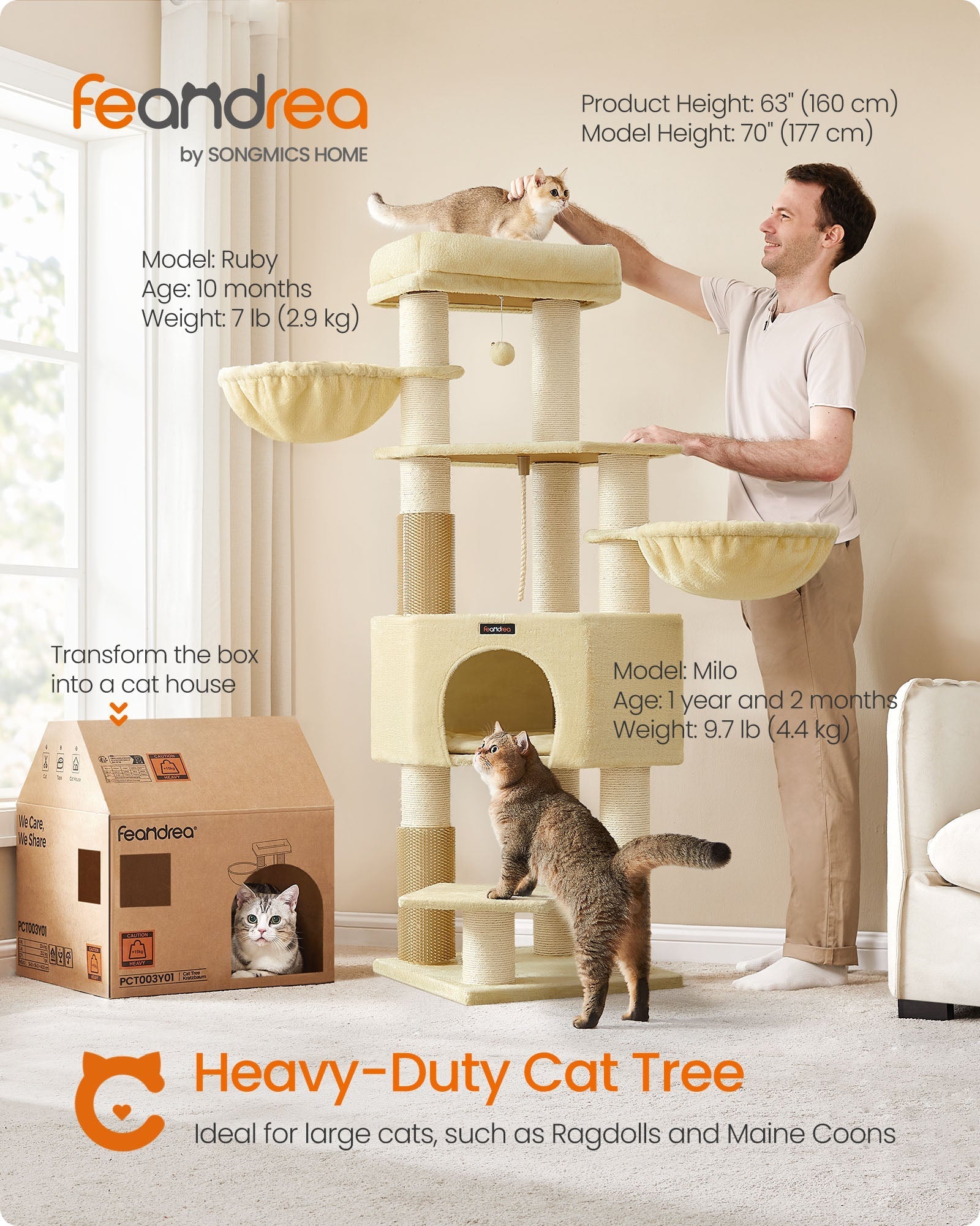 Cat Tree - Sand Beige and Beige - Large Perch and Self-Warming Pads