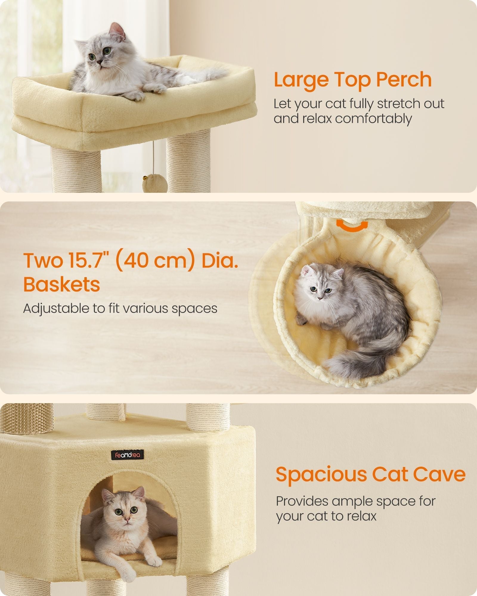 Cat Tree - Sand Beige and Beige - Large Perch and Self-Warming Pads