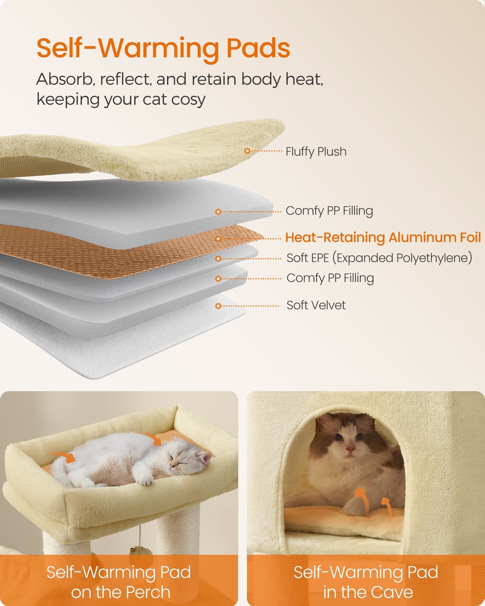 Cat Tree - Sand Beige and Beige - Large Perch and Self-Warming Pads