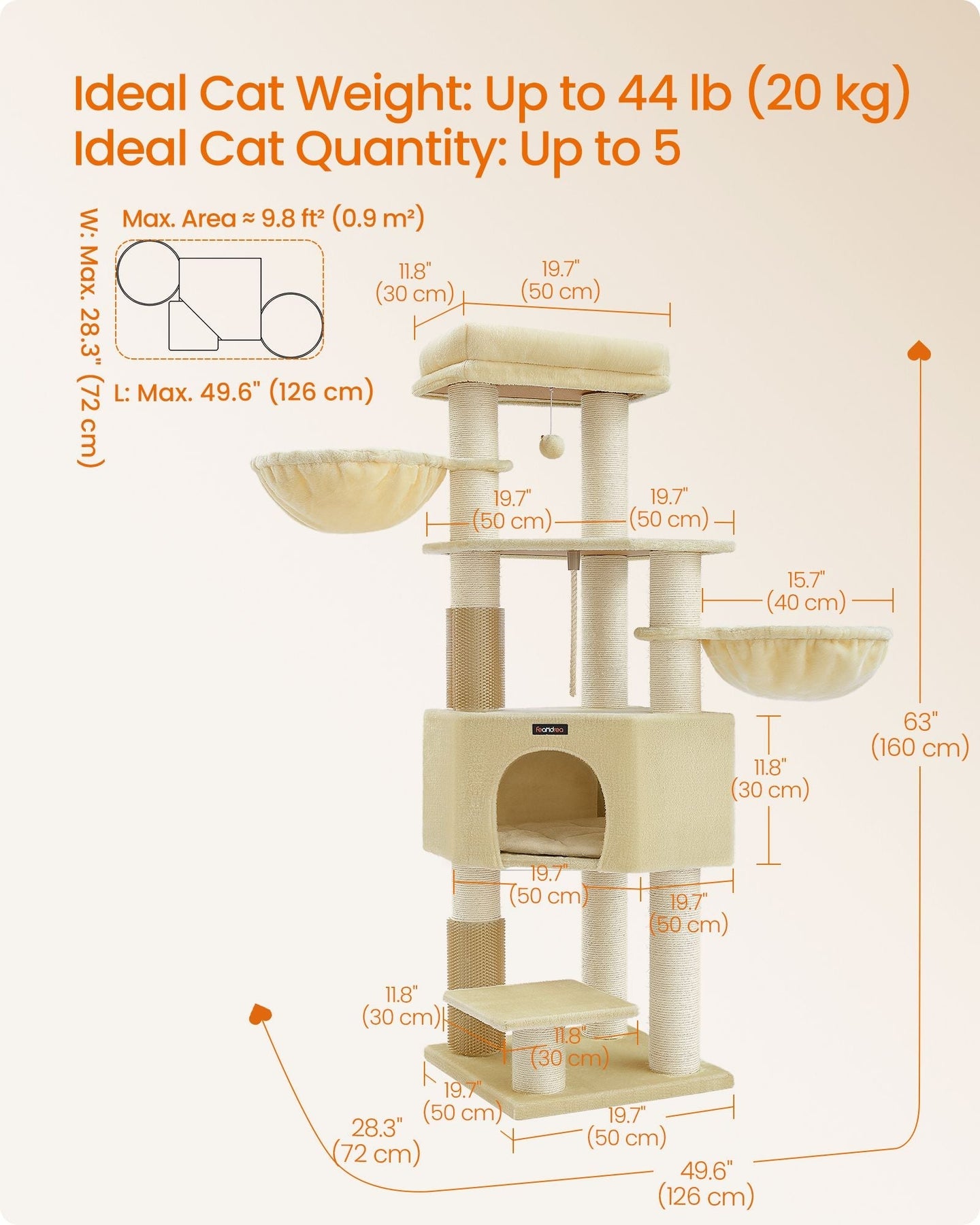 Cat Tree - Sand Beige and Beige - Large Perch and Self-Warming Pads