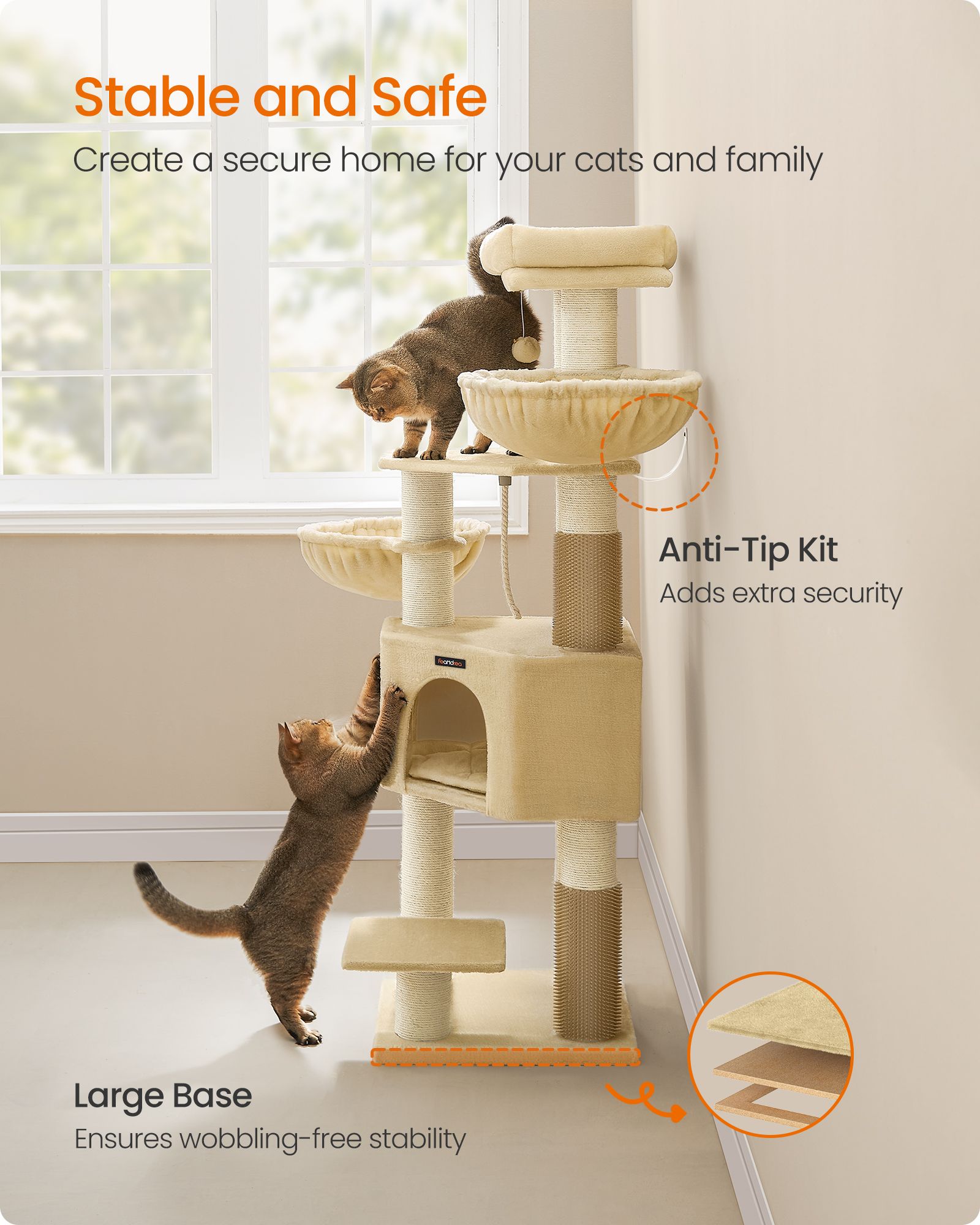 Cat Tree - Sand Beige and Beige - Large Perch and Self-Warming Pads