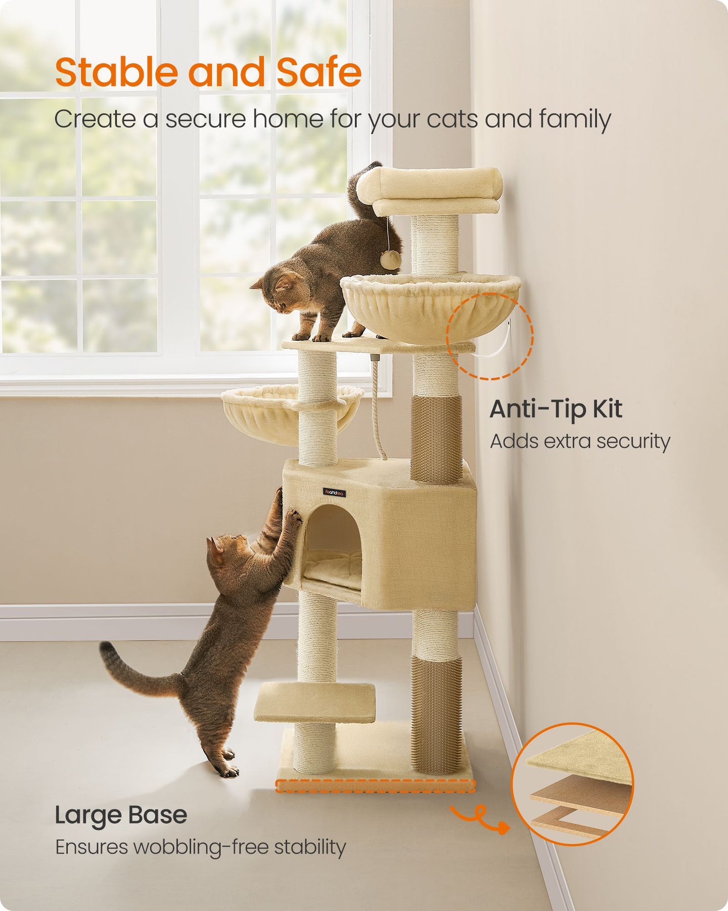 Cat Tree - Sand Beige and Beige - Large Perch and Self-Warming Pads