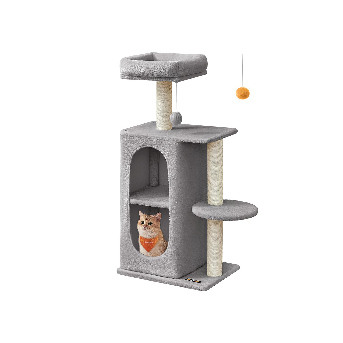 Cat Tree Tower - Engineered Wood - Light Grey - Multi-Cat Design with 2 Caves and Scratching Posts