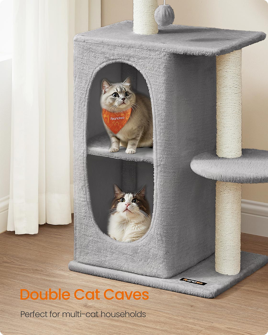 Cat Tree Tower - Engineered Wood - Light Grey - Multi-Cat Design with 2 Caves and Scratching Posts