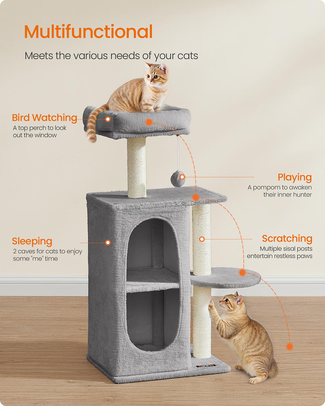 Cat Tree Tower - Engineered Wood - Light Grey - Multi-Cat Design with 2 Caves and Scratching Posts