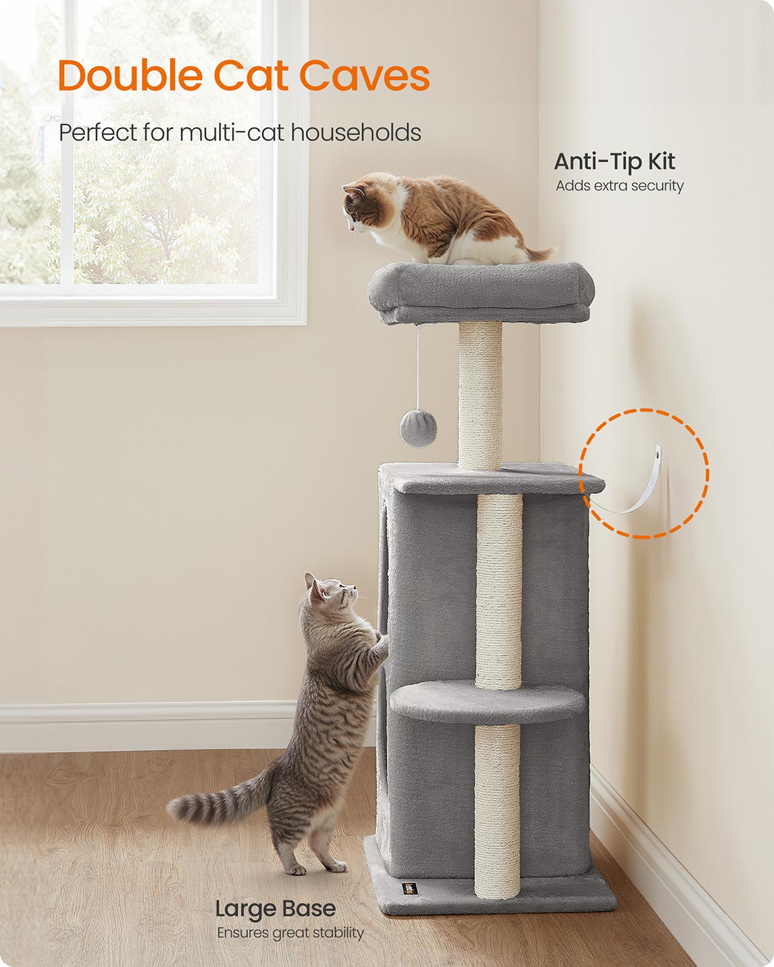 Cat Tree Tower - Engineered Wood - Light Grey - Multi-Cat Design with 2 Caves and Scratching Posts