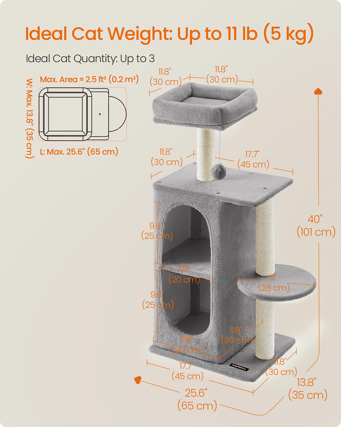 Cat Tree Tower - Engineered Wood - Light Grey - Multi-Cat Design with 2 Caves and Scratching Posts