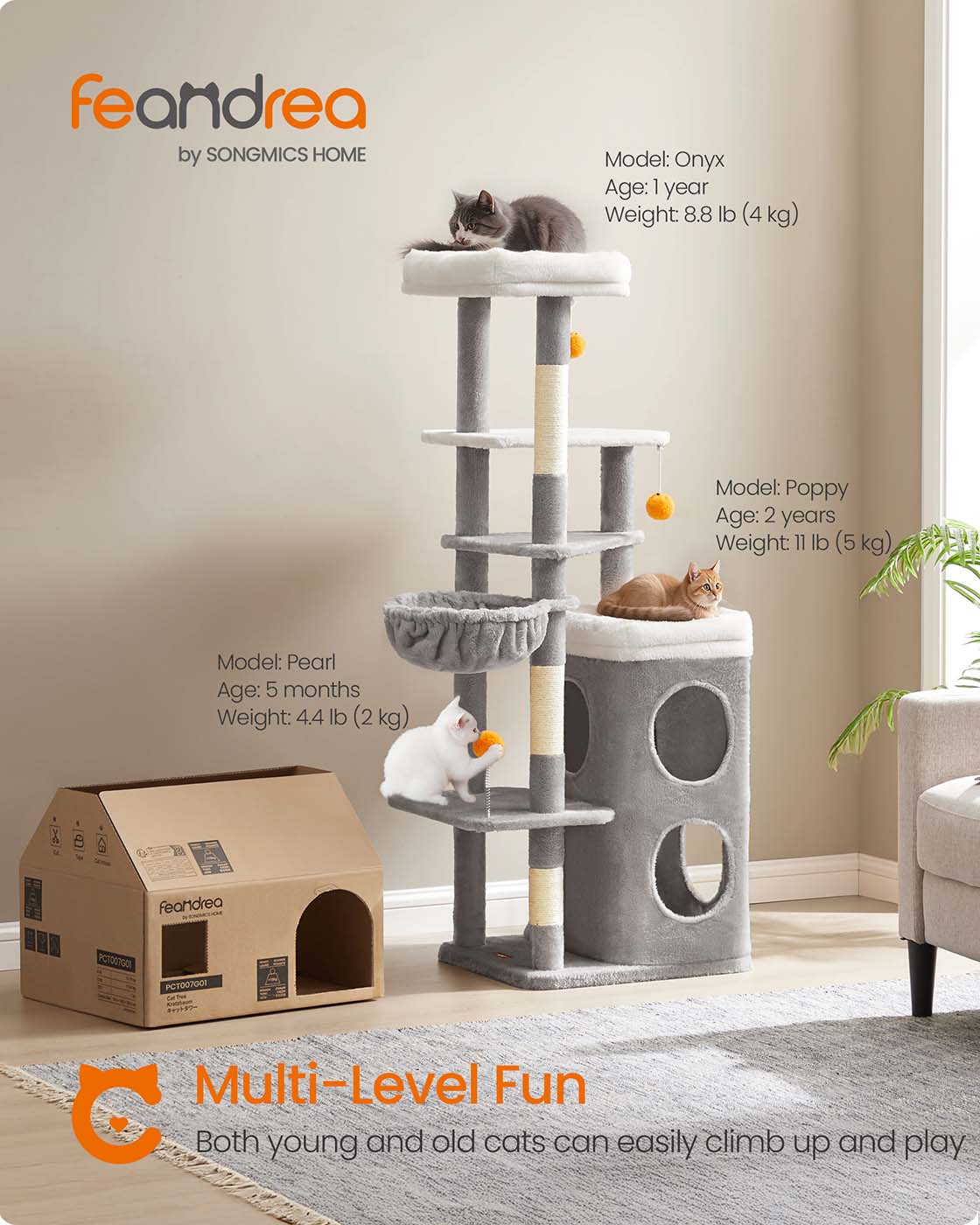 Multi-Level Cat Tree - Engineered Wood - Dove Grey - Includes Caves