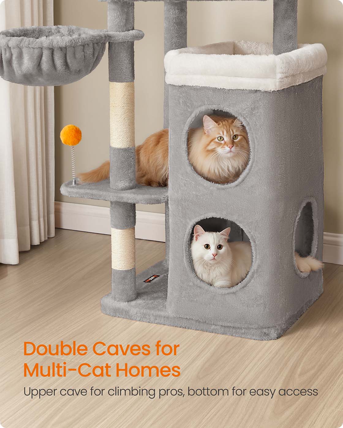 Multi-Level Cat Tree - Engineered Wood - Dove Grey - Includes Caves