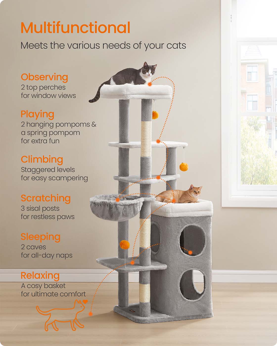 Multi-Level Cat Tree - Engineered Wood - Dove Grey - Includes Caves