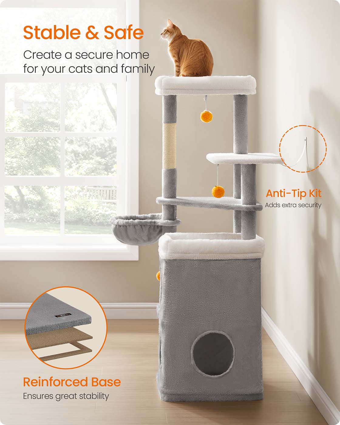Multi-Level Cat Tree - Engineered Wood - Dove Grey - Includes Caves