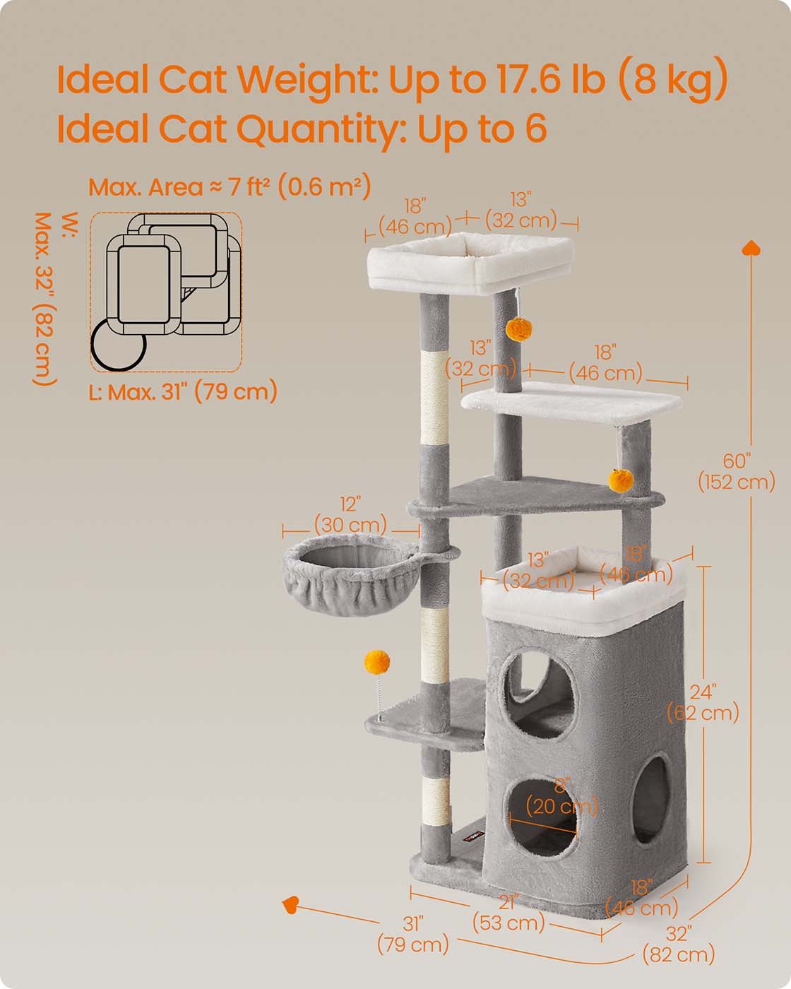 Multi-Level Cat Tree - Engineered Wood - Dove Grey - Includes Caves