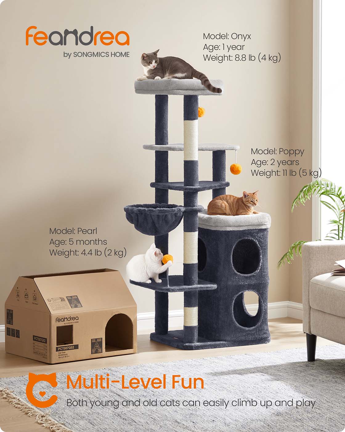 Multi-Level Cat Tree - Engineered Wood - Dove Grey - Includes Caves