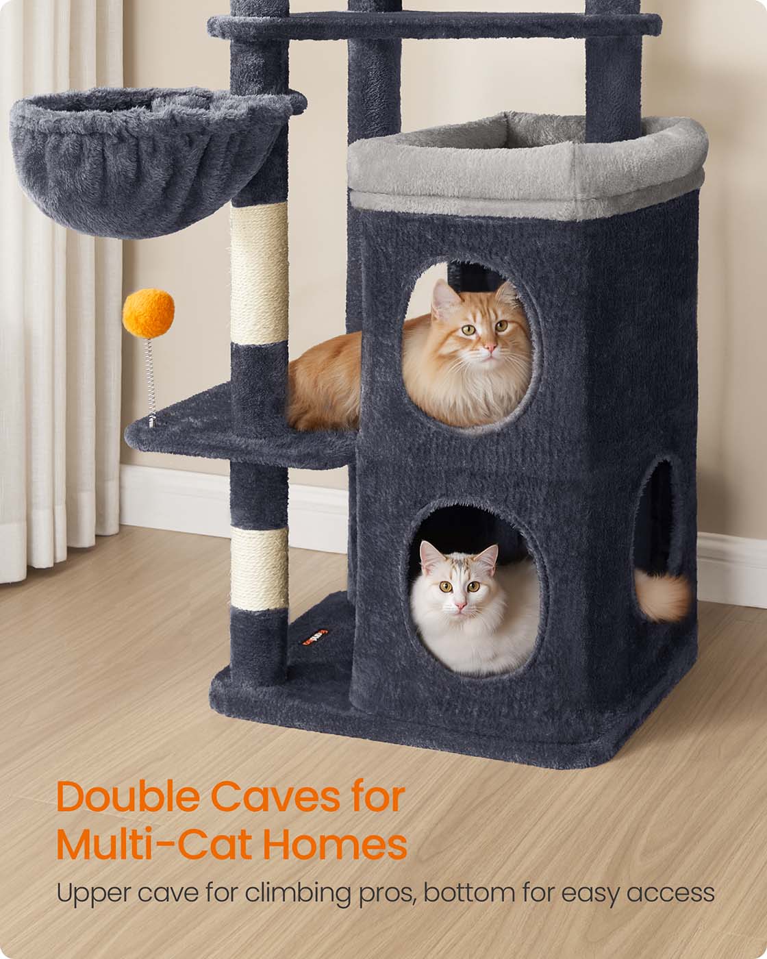 Multi-Level Cat Tree - Engineered Wood - Dove Grey - Includes Caves