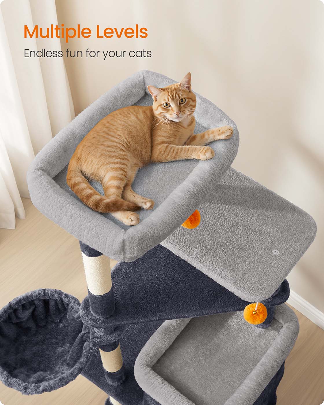 Multi-Level Cat Tree - Engineered Wood - Dove Grey - Includes Caves