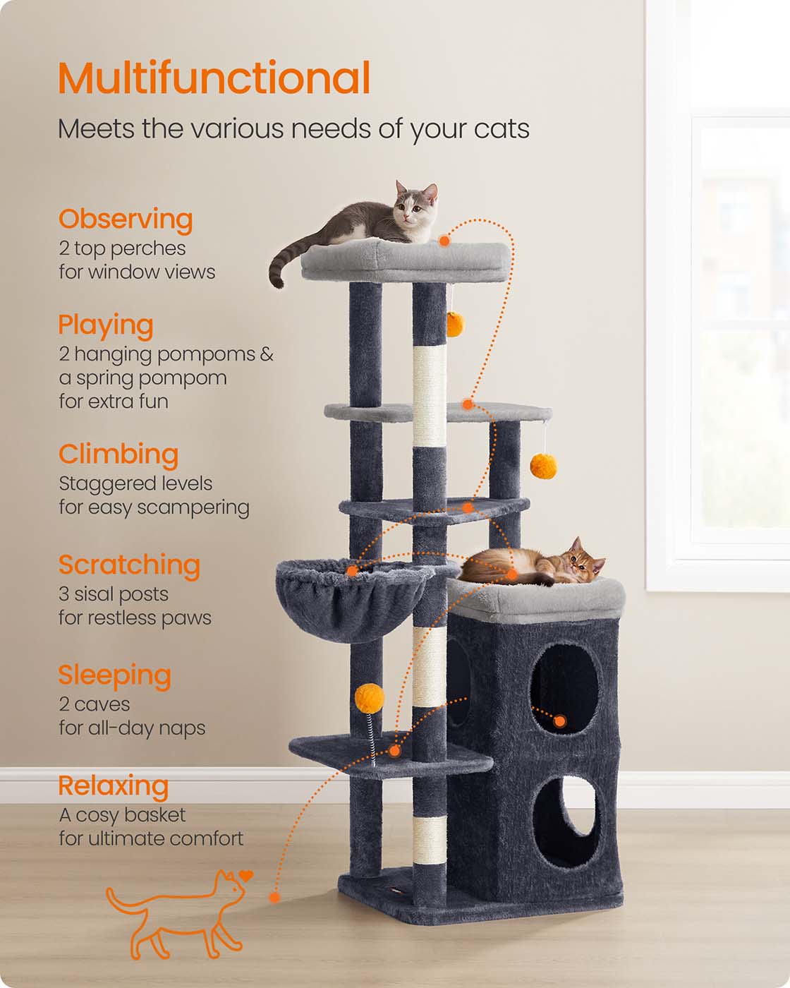 Multi-Level Cat Tree - Engineered Wood - Dove Grey - Includes Caves