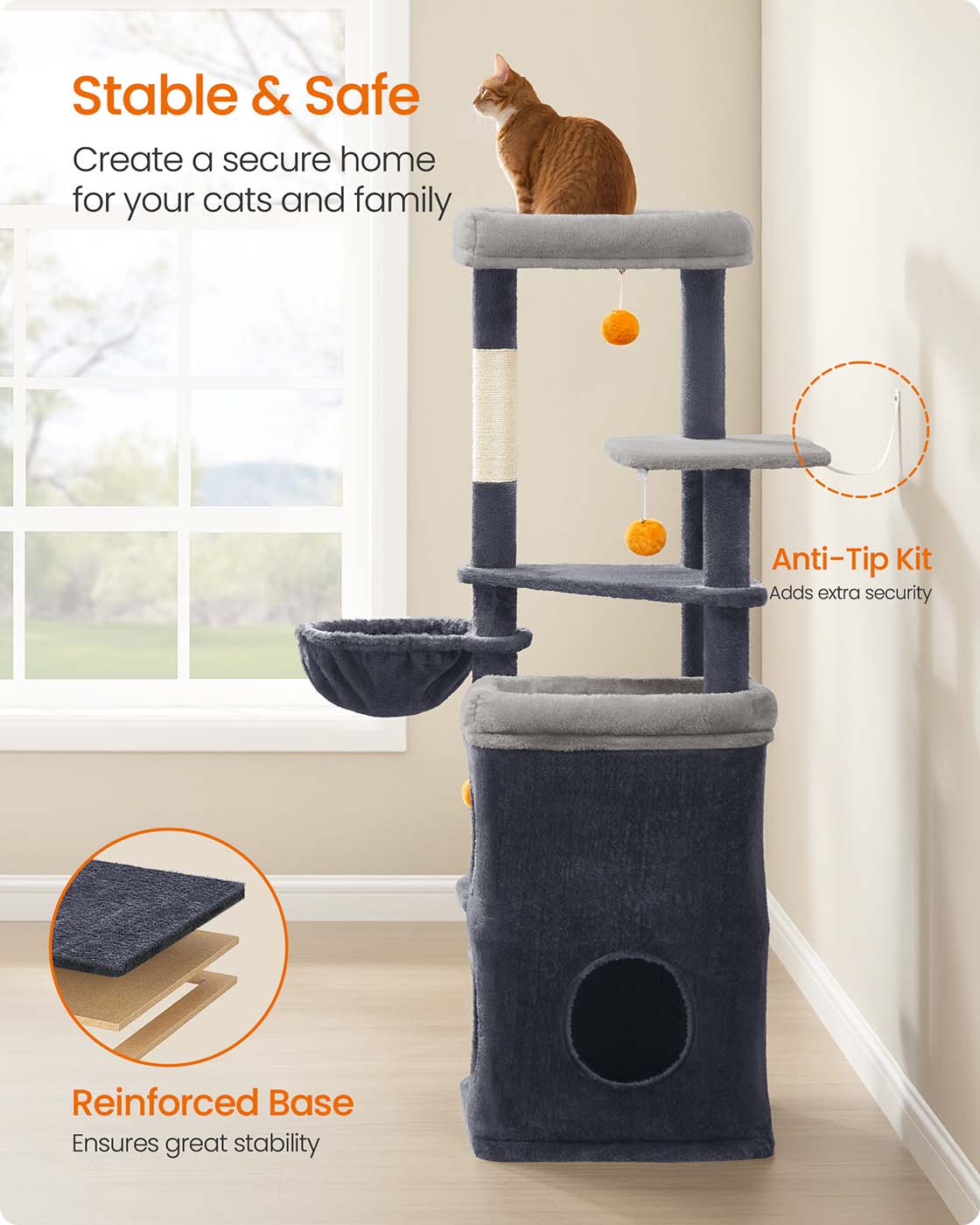 Multi-Level Cat Tree - Engineered Wood - Dove Grey - Includes Caves