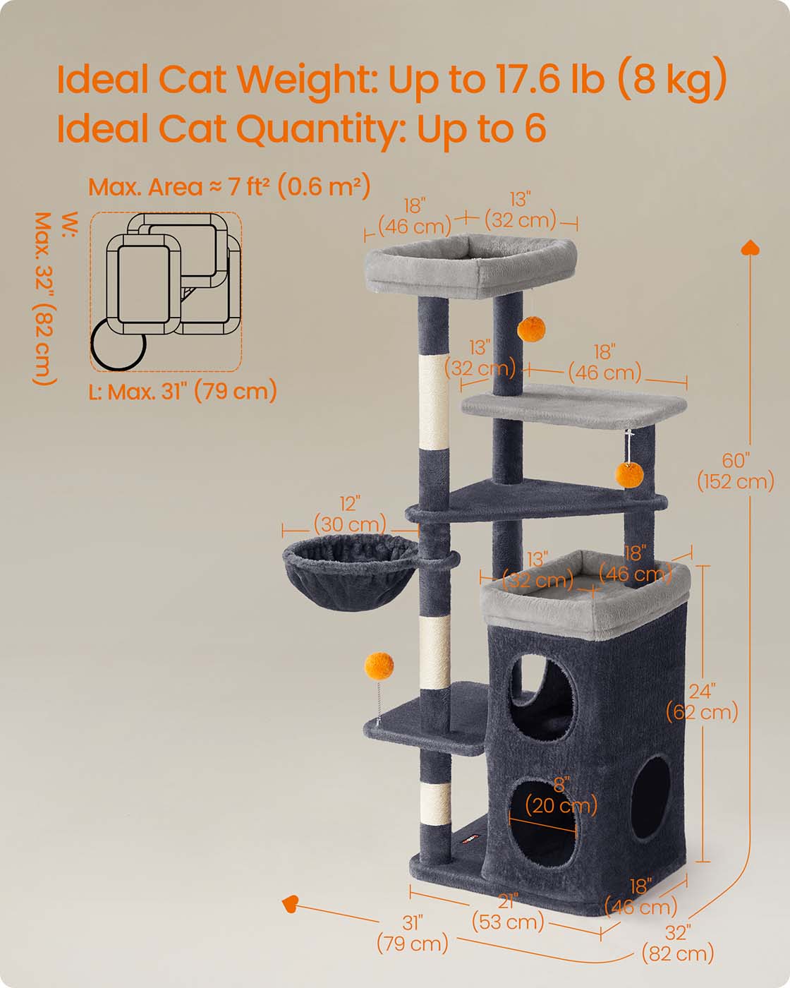 Multi-Level Cat Tree - Engineered Wood - Dove Grey - Includes Caves